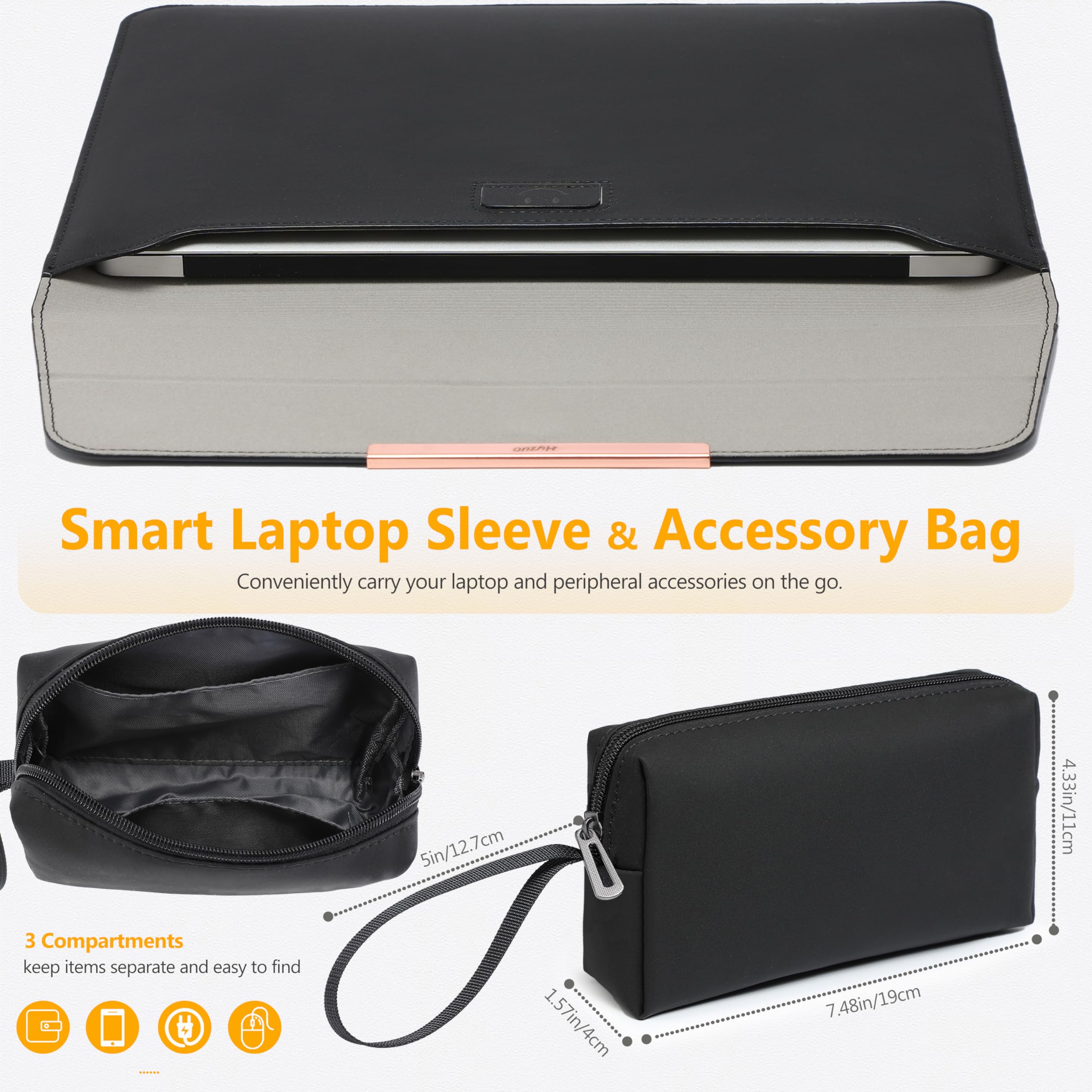 HYZUO 15-16 Inch Laptop Sleeve Case with Stand - Compatible with MacBook Pro 16 M4/M3/M2/M1 Pro/Max (2025-2019), MacBook Pro 15 (2015-2012), Dell XPS 15, Samsung Galaxy Book Flex/Pro 15 - Protective Black Laptop Bag with Smiley Design - Perfect for Work, Travel & School