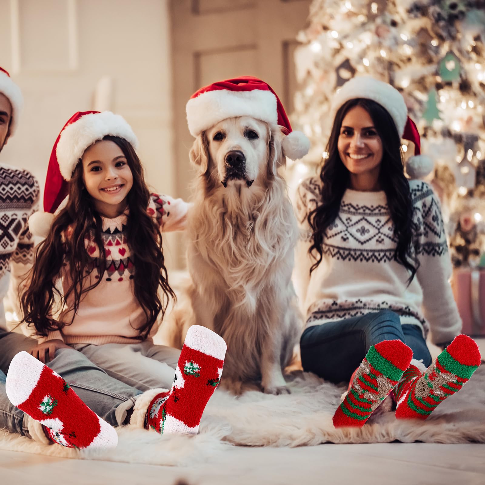 Suhine 48 Pairs Christmas Fuzzy Socks - Colorful Cozy Fluffy Holiday Socks for Women & Kids - Warm Winter Slipper Socks for Gifts, Stocking Stuffers & Family Matching Outfits