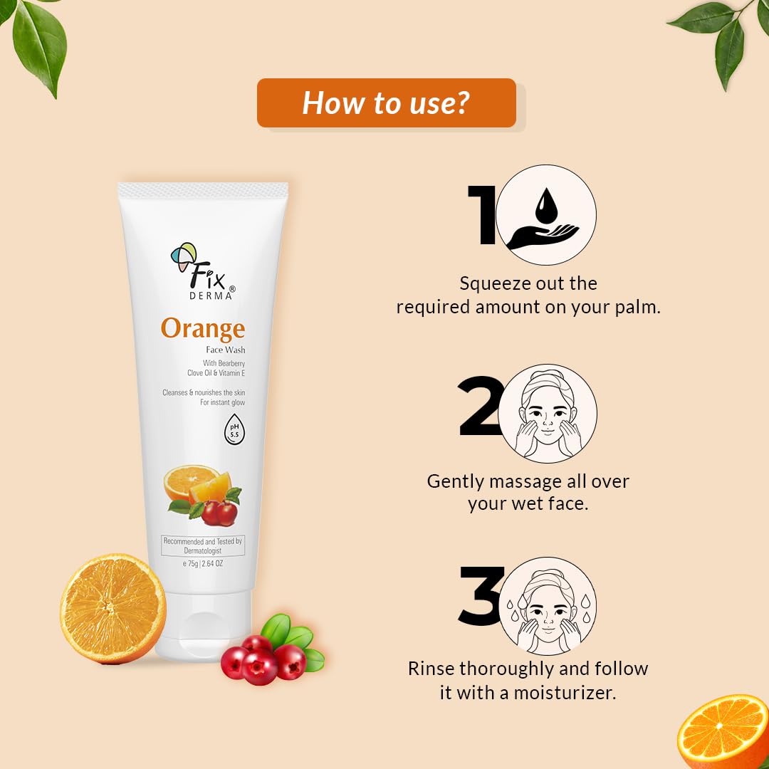 Fixderma Orange Face Wash with Vitamin E & Bearberry - Tan Removal & Brightening Cleanser for Oily, Dry & Combination Skin - Gentle Daily Face Wash for Men & Women (75g) - Perfect for Morning & Night Skincare Routine
