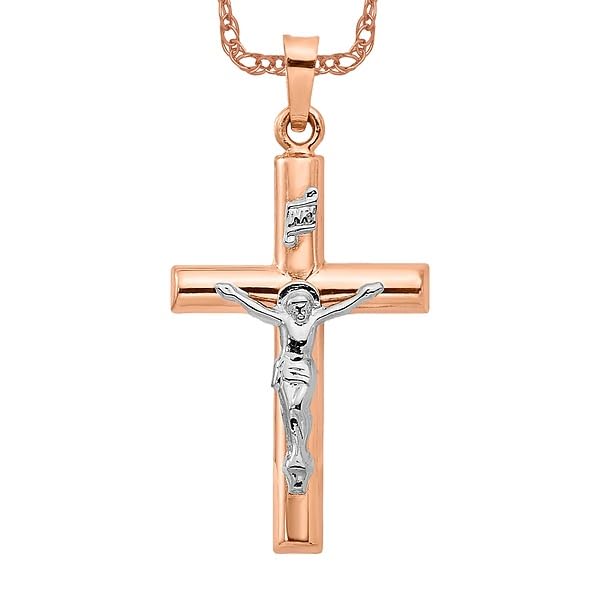 14K Solid Two-Tone Gold Jesus Christ Crucifix Pendant Necklace - Religious Cross Charm for Women & Men | Perfect for Baptism, First Communion, Confirmation & Daily Faith Jewelry