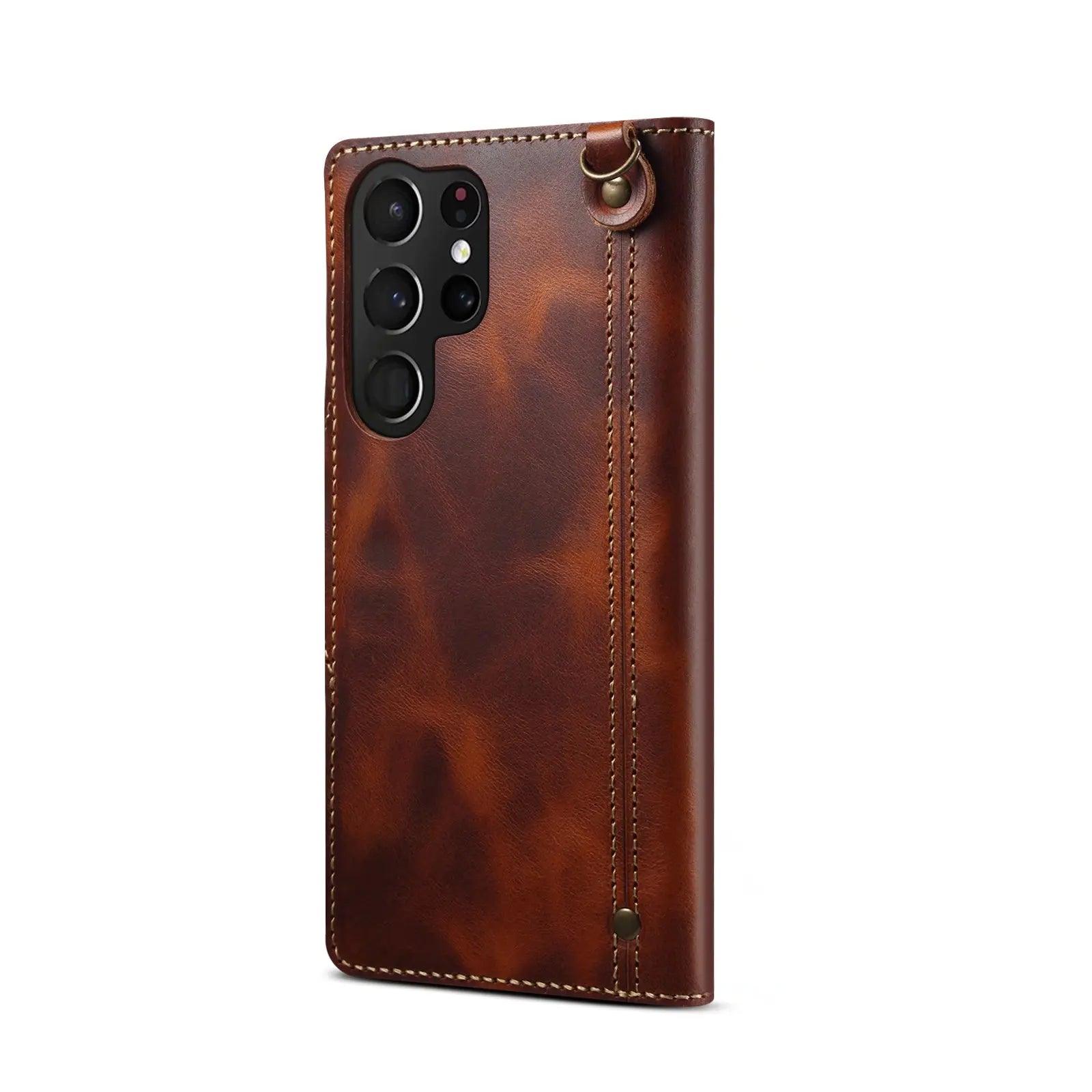 Premium Galaxy S24 Genuine Cowhide Leather Wallet Case - Slim Protective Cover with Card Slots for Daily Use & Travel