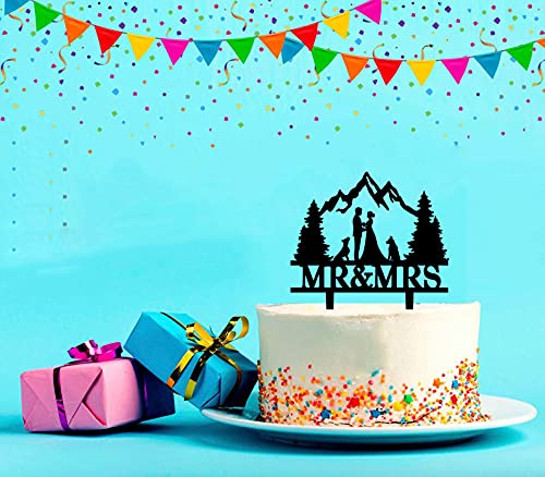 Mountain Wedding Cake Topper - Mr & Mrs Forest Theme Cake Decorations for Outdoor Weddings (Mountain and Dog Design) - Perfect for Rustic, Nature-Inspired & Adventure-Themed Weddings