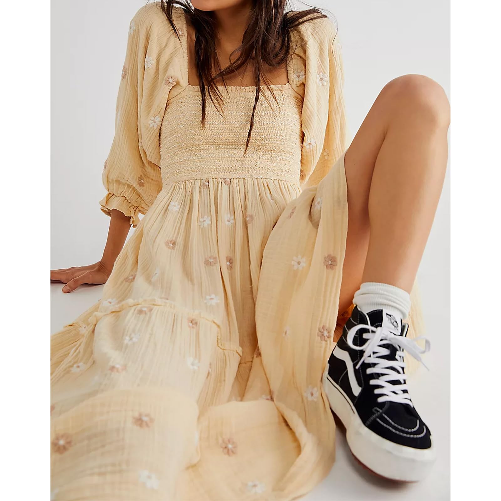 Women's Floral Embroidered Maxi Dress with Long Puff Sleeves & Square Neck - Bohemian Flowy Summer Dress with Pockets & Smocked Waist | Perfect for Beach Vacations, Date Nights & Fall Weddings