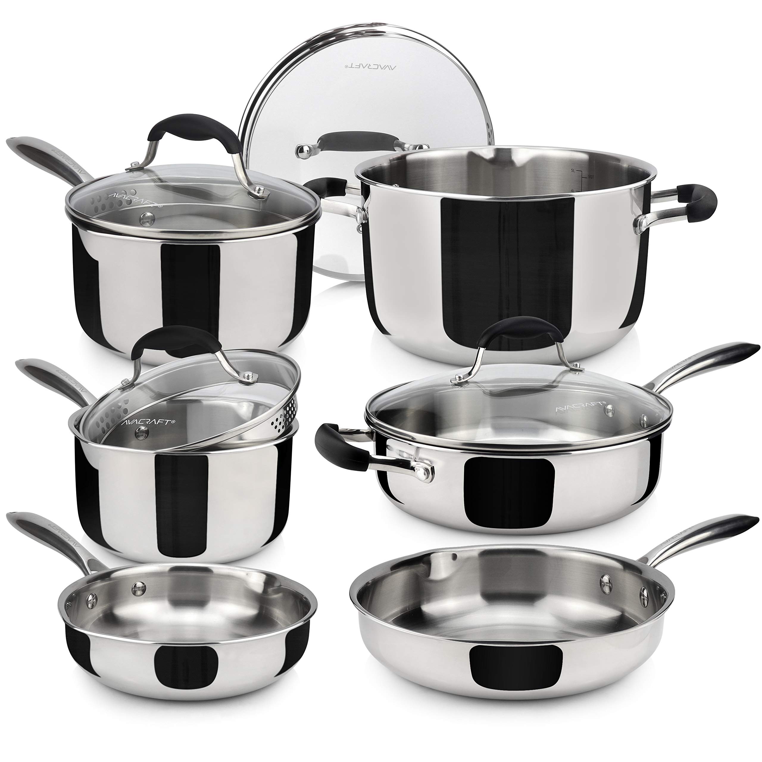 Premium AVACRAFT 18/10 Stainless Steel Cookware Set - 10-Piece Multi-Ply Pots and Pans Set for Professional Cooking | Durable Kitchen Essentials for Sauteing, Boiling & Frying | Ideal for Home Chefs & Restaurants