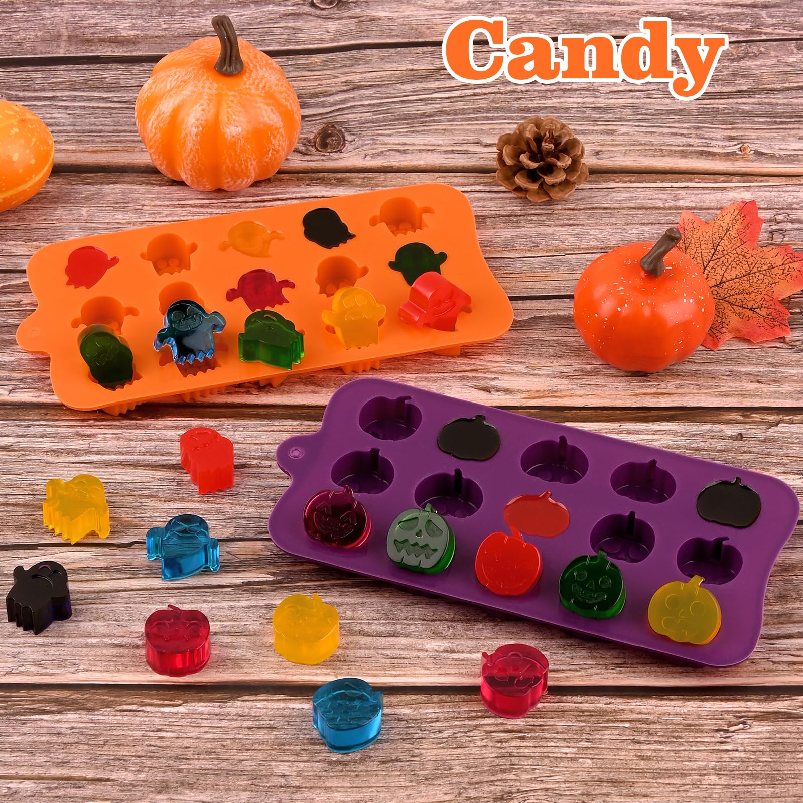 HUAKENER 4 Pack Halloween Silicone Molds - Pumpkin, Ghost Chocolate Candy Molds for Baking, DIY Treats, Wax Melts & Ice Cubes - Perfect for Halloween Party Decorations & Dessert Making