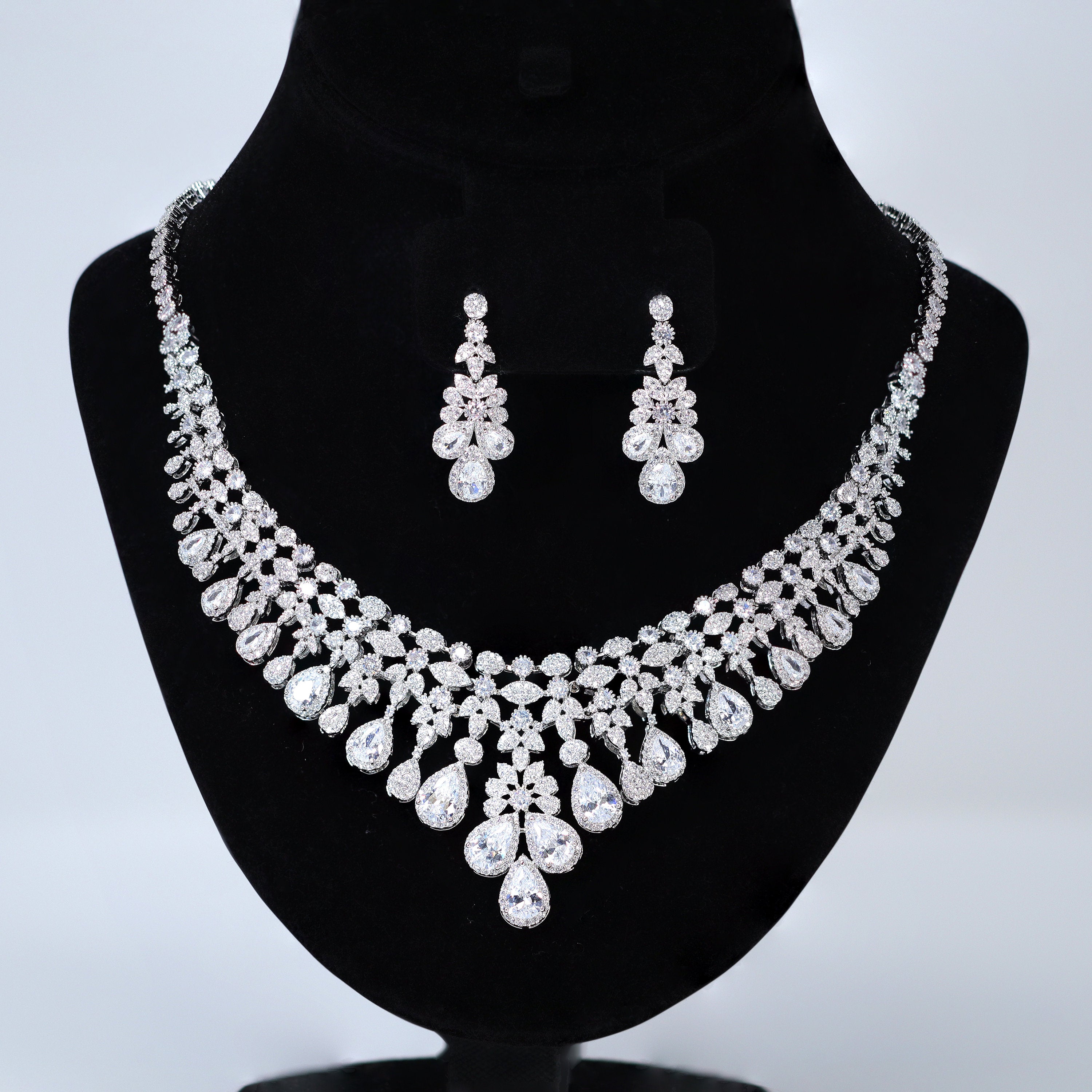 Elegant Diamond & Swarovski Crystal Floral Vine Drop Necklace Set with Statement Earrings - Long Bridal Jewelry for Weddings, Prom & Special Occasions