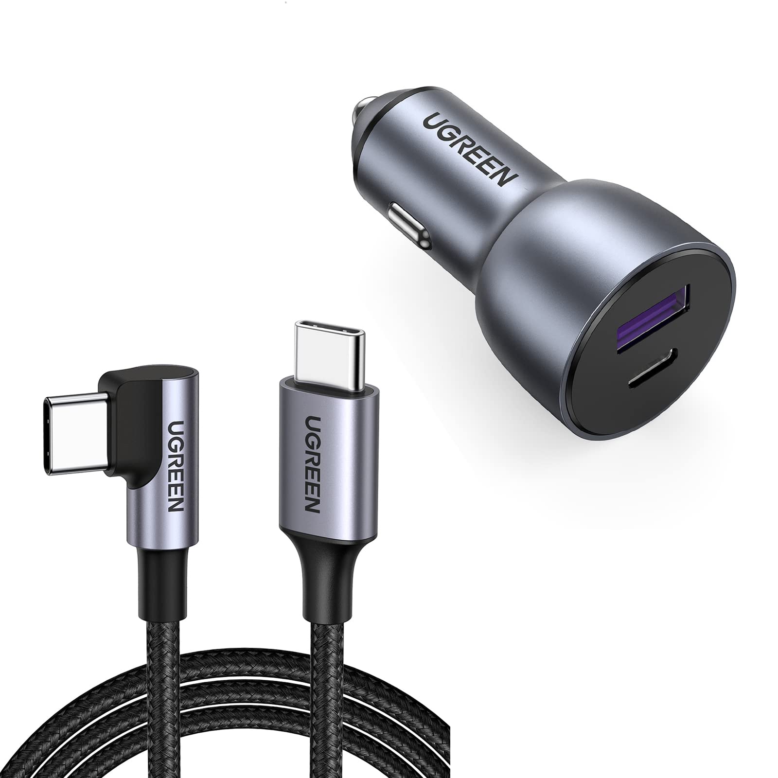 UGREEN 52.5W USB C Car Charger with 60W Right Angle USB C to C Cable - Fast Charging for iPhone 15/14/13, Samsung Galaxy, iPad - Perfect for Road Trips & Travel Accessories