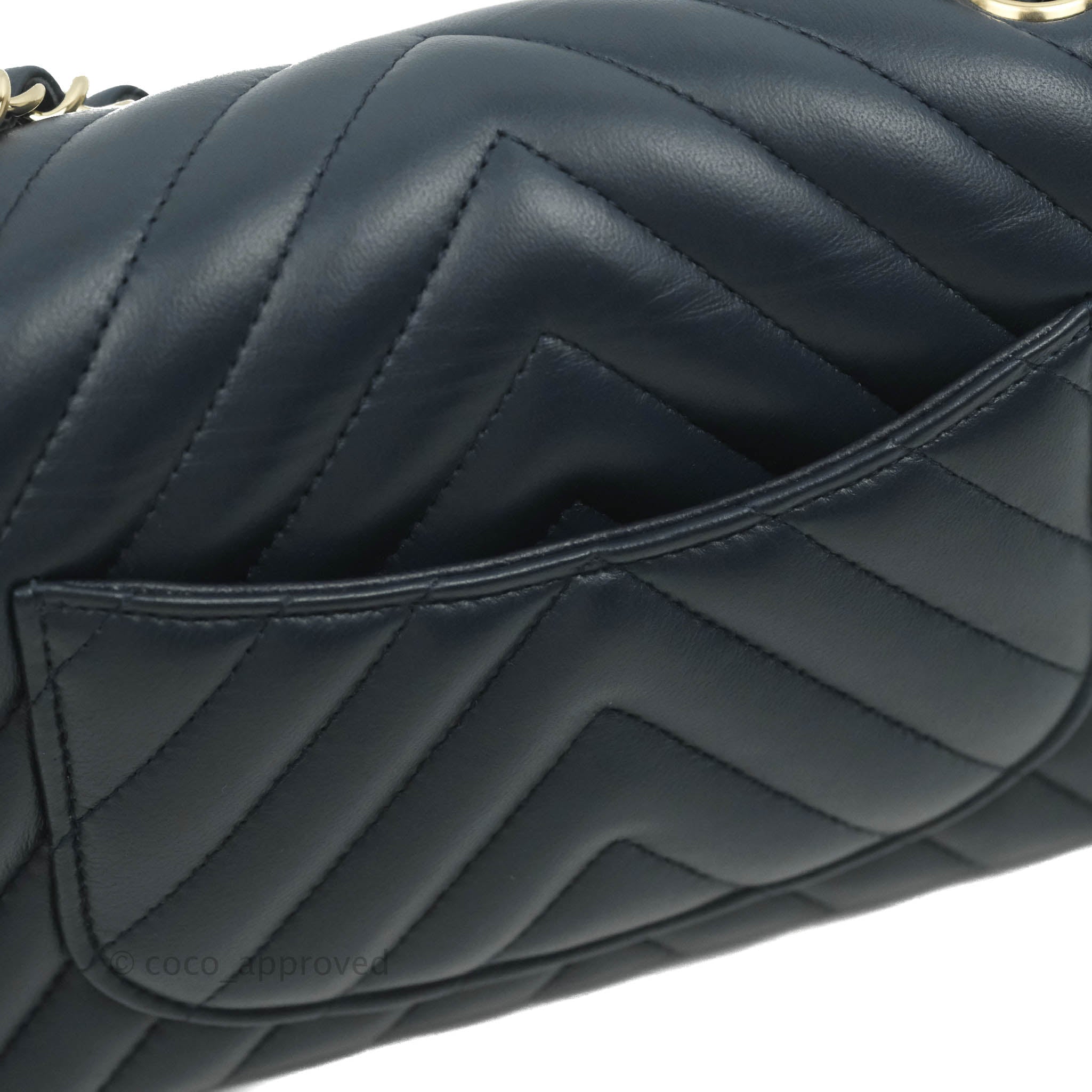 Chanel Chevron Mini Rectangular Flap Bag in Navy Lambskin Leather with Gold Hardware - Luxury Crossbody Purse for Women, Perfect for Date Night & Special Occasions