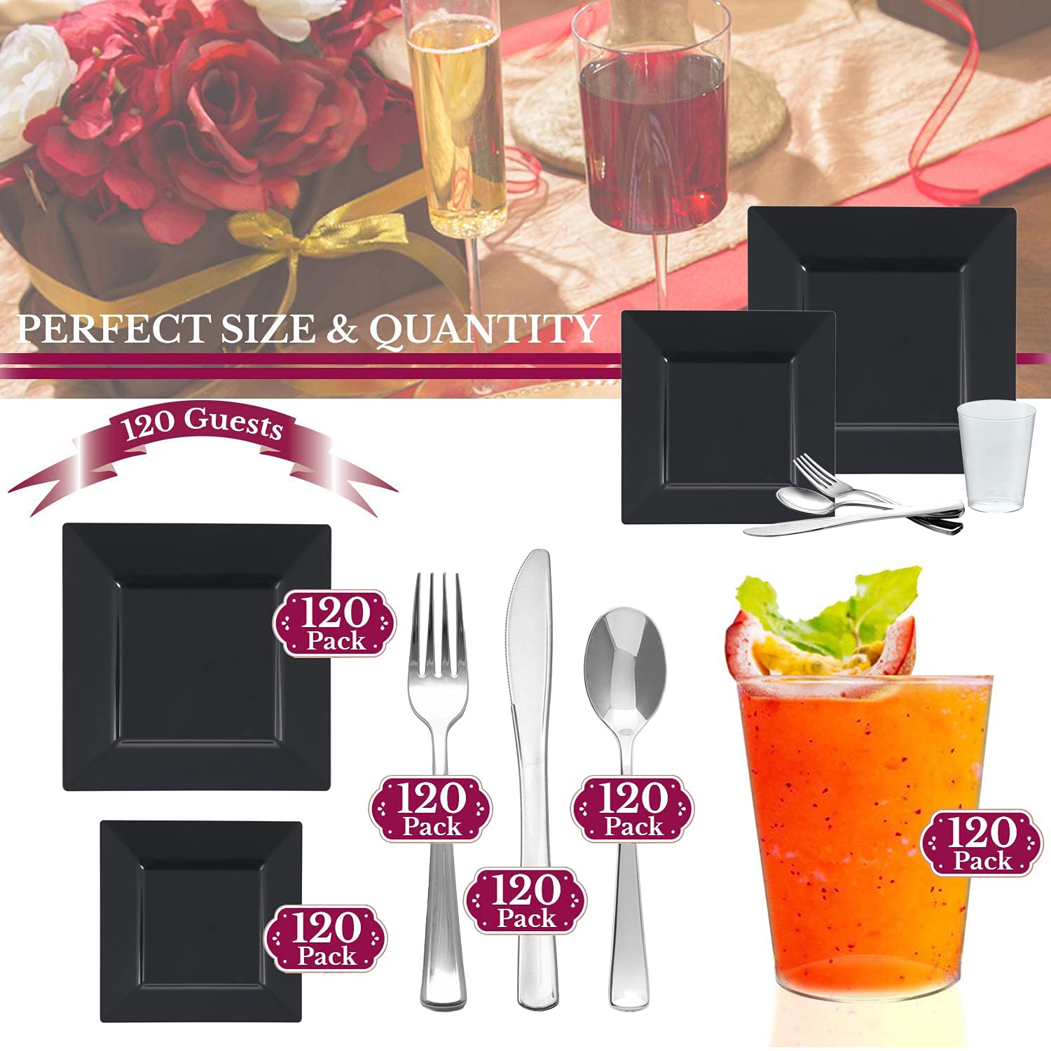 Elegant Disposable Plastic Dinnerware Set - Heavy Duty Black Plastic Plates for Weddings & Parties (120-Piece Value Pack) - Perfect for Wedding Receptions, Birthday Parties & Catering Events