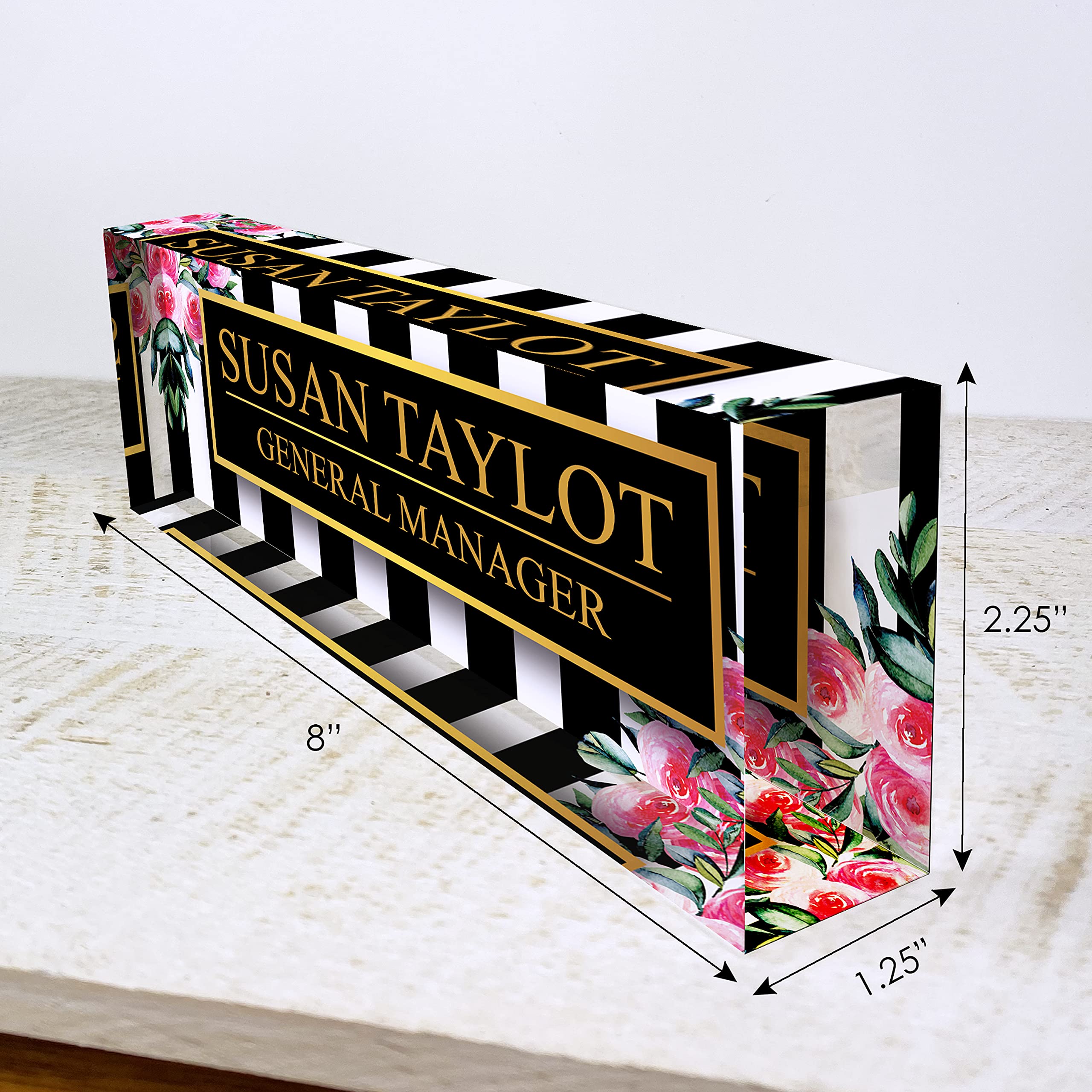 Personalized Artblox Office Desk Name Plate - Custom Acrylic Name Plates with Black Stripes & Roses Design (8
