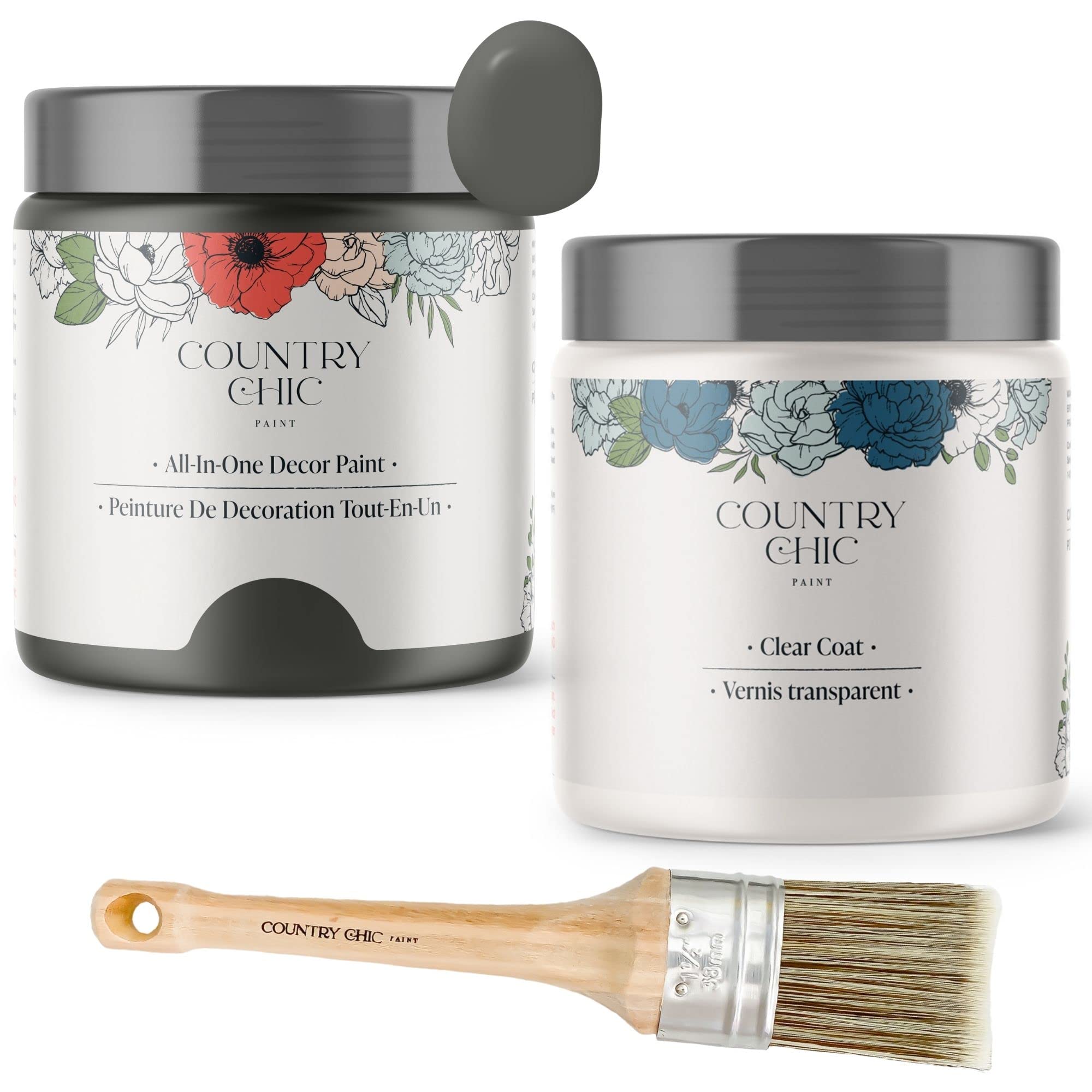 Chalk Style Paint + Clear Coat + Paint Brush Set - DIY Furniture Makeover, Home Decor & Craft Projects - Rocky Mountain Charcoal Grey (16 oz) - Perfect for Upcycling, Cabinets, Wooden Signs & More