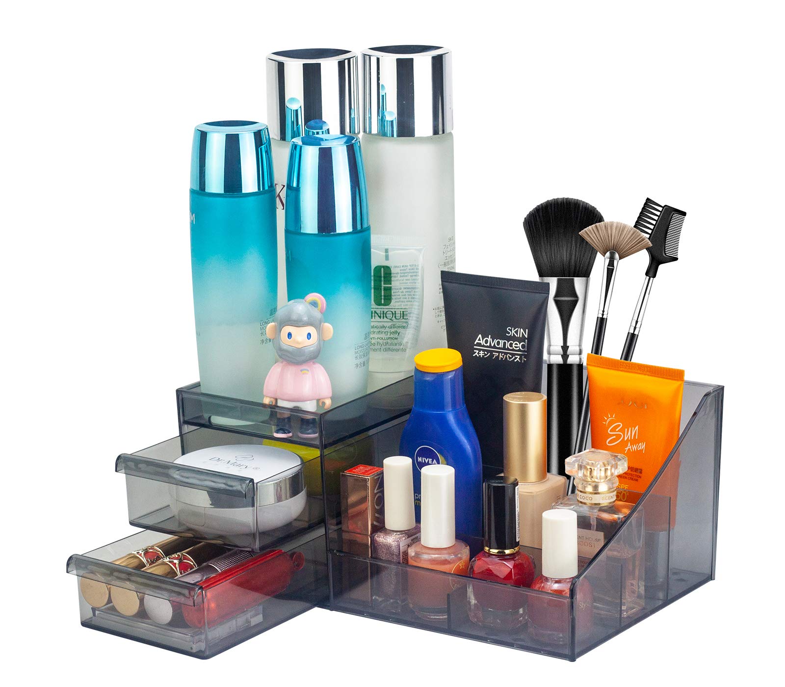 Clear Plastic Makeup Organizer with Drawers - Cosmetic Storage Display Case for Vanity Countertop & Desk | Skincare, Jewelry & Hair Accessories Organizer | Perfect for Home, Office & Travel Use (Black Clear)