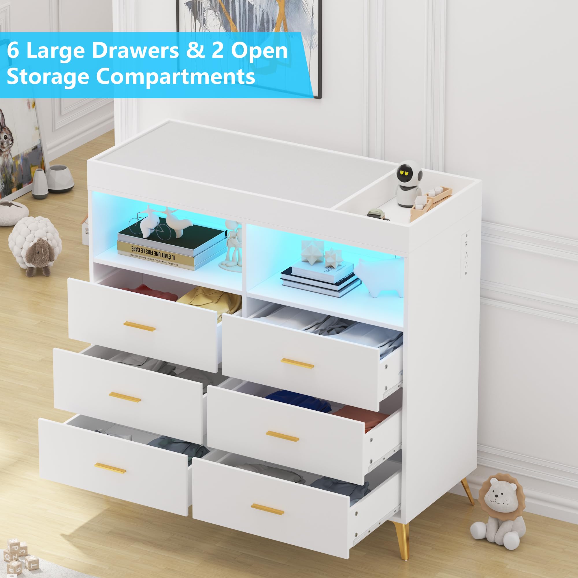 Baby Changing Table Dresser with LED Lights & Power Outlet - 6 Storage Drawers Nursery Organizer for Infants & Newborn - White Changing Station for Diapers, Clothes & Baby Essentials - Perfect for Nursery, Bedroom & Baby Shower Gifts