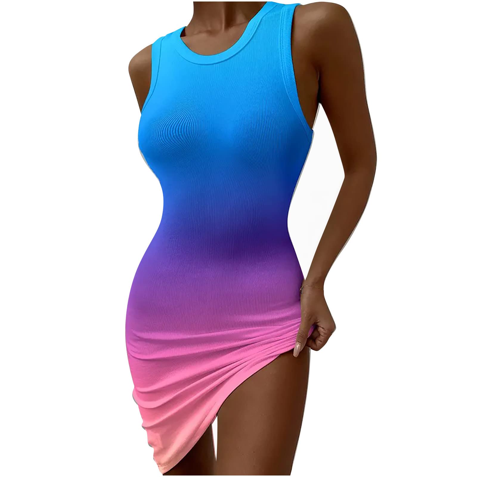 Sexy Printed Slimming Sleeveless Ribbed Bodycon Tank Dress for Women - Summer Round Neck Casual Dress - Perfect for Beach, Party & Date Night