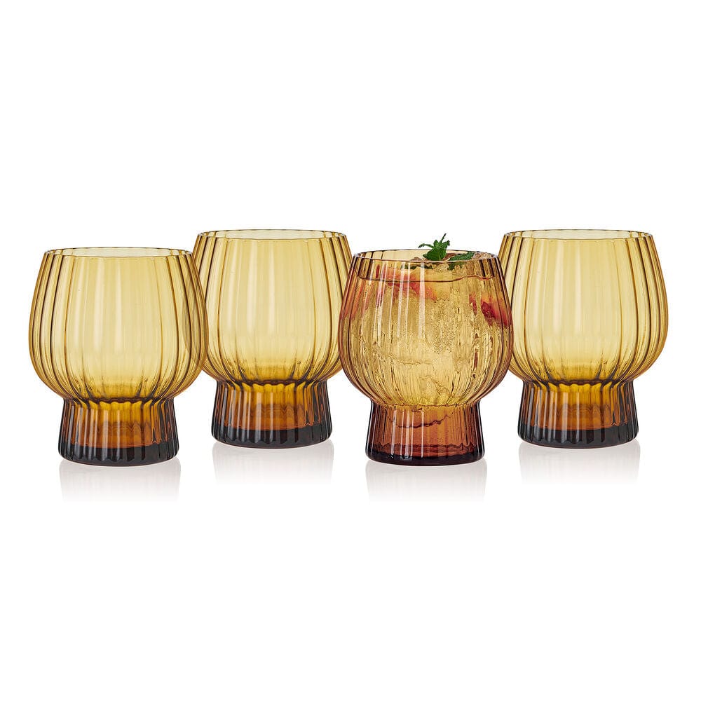 Phoebe Optic Amber Set of 4 Double Old Fashioned Whiskey Glasses - Perfect for Bourbon, Cocktails & Home Bar Decor