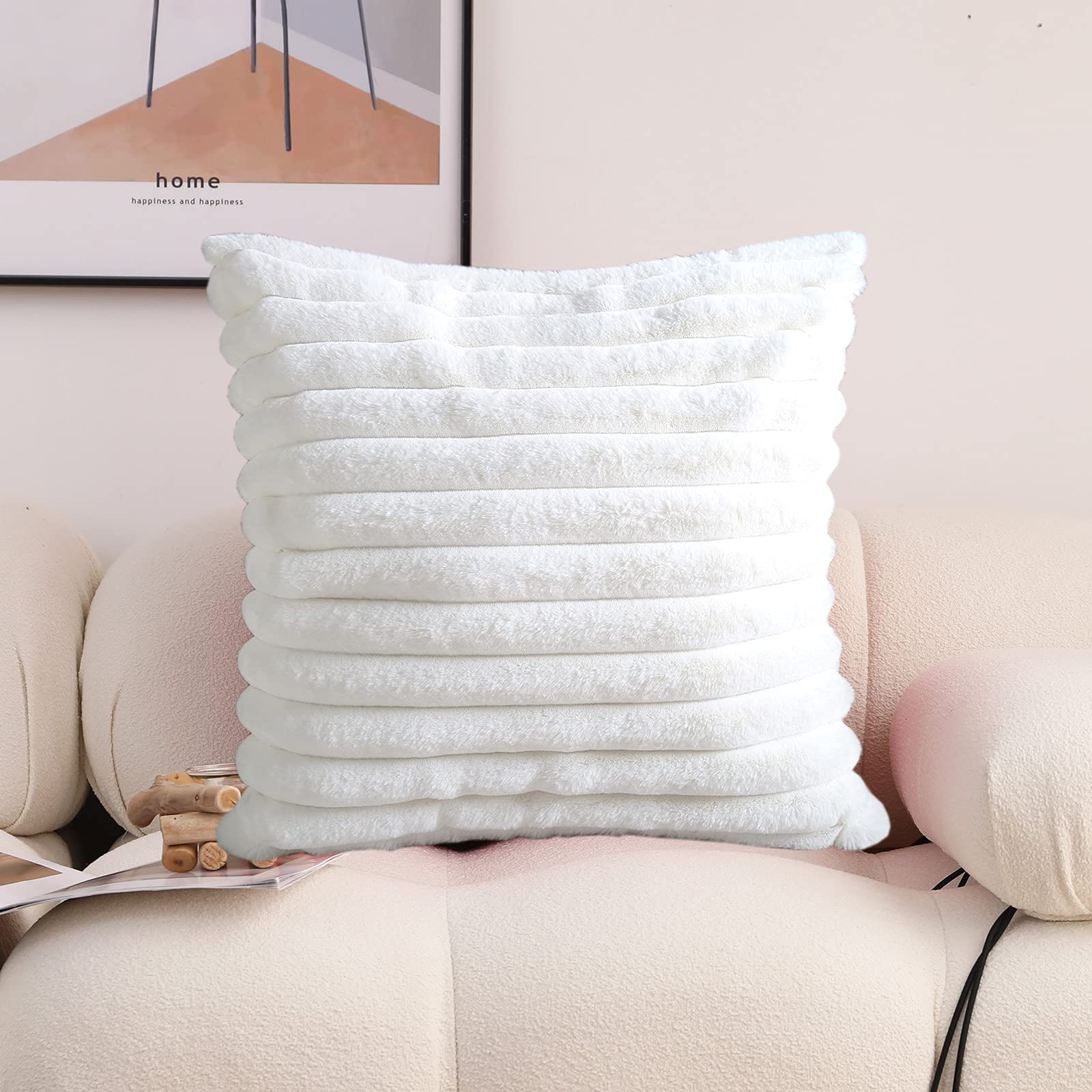 Super Soft Faux Fur Throw Pillow Cover 18x18 Inches (45x45cm) - Double Sided, Extra Thick, Ivory White, 100% Polyester - Perfect for Couch, Sofa, Bed & Home Decor