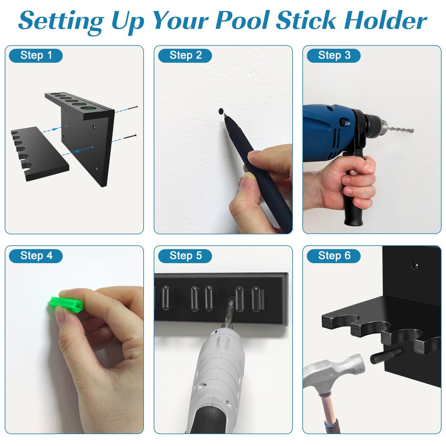 Premium Wall Mount Pool Cue Rack - Holds 6 Billiard Sticks | Durable Black Pool Stick Holder for Home Game Rooms & Bars | Perfect Billiards Table Accessory & Organizer
