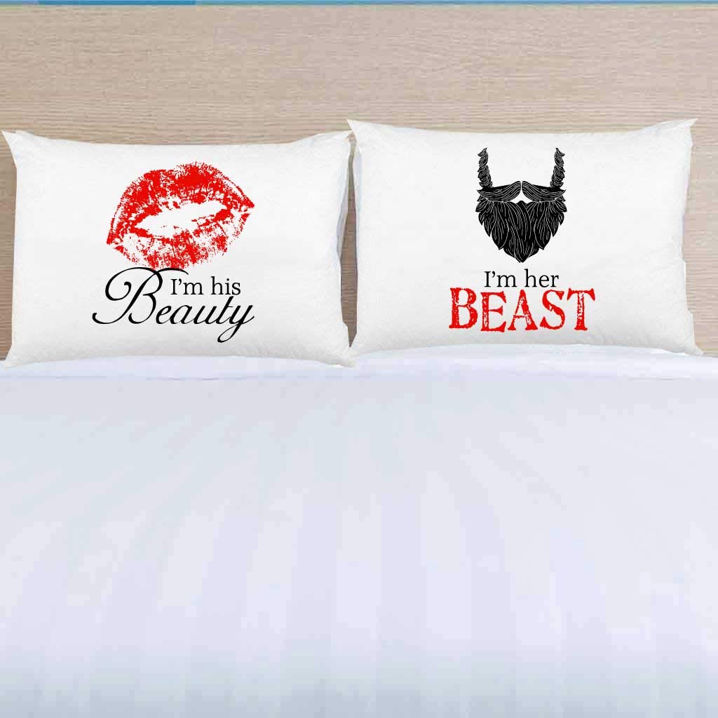 VictoryStore His and Hers Pillowcase Set - 2 Pack Romantic Couple Pillow Covers (I'm His Beauty & I'm Her Beast) for Valentine's Day Gifts, Anniversary, Bedroom Decor