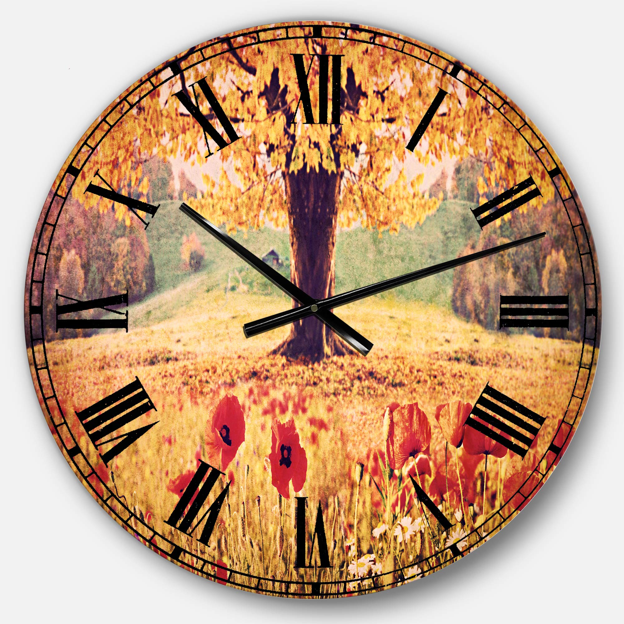 Designart Poppy Flowers Landscape Traditional Round Wall Clock - Metal Home Decor for Living Room, Bedroom & Office | Perfect for Farmhouse, Vintage & Boho Interior Design Styles