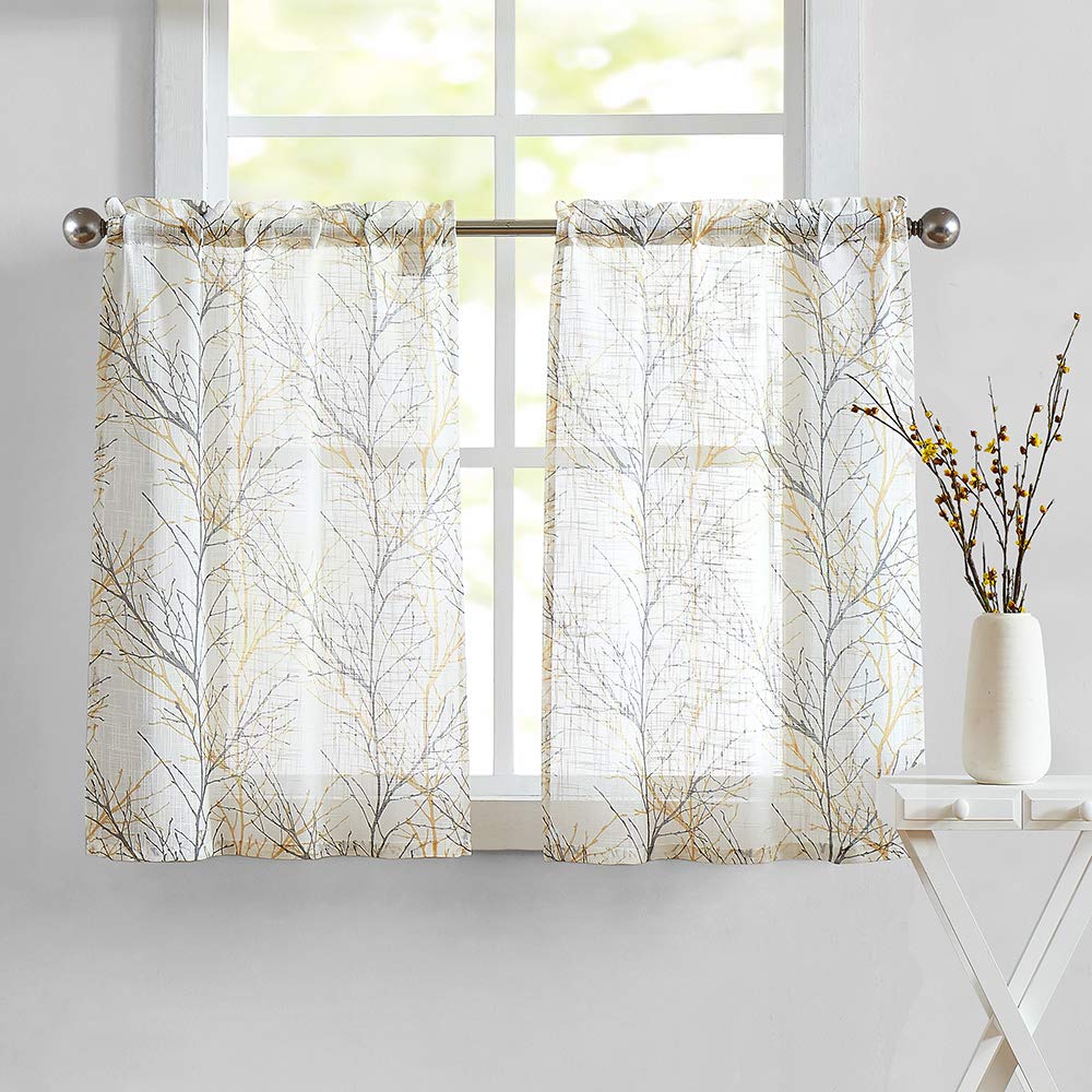FMFUNCTEX White & Grey/Yellow Farmhouse Kitchen Curtains Set - 36 Inch Tree Branch Print Café Curtains with Rod Pocket (2 Panels) for Windows, Bathroom & Rustic Home Decor | Perfect for Coffee Shops, Country Kitchens and Cozy Living Spaces