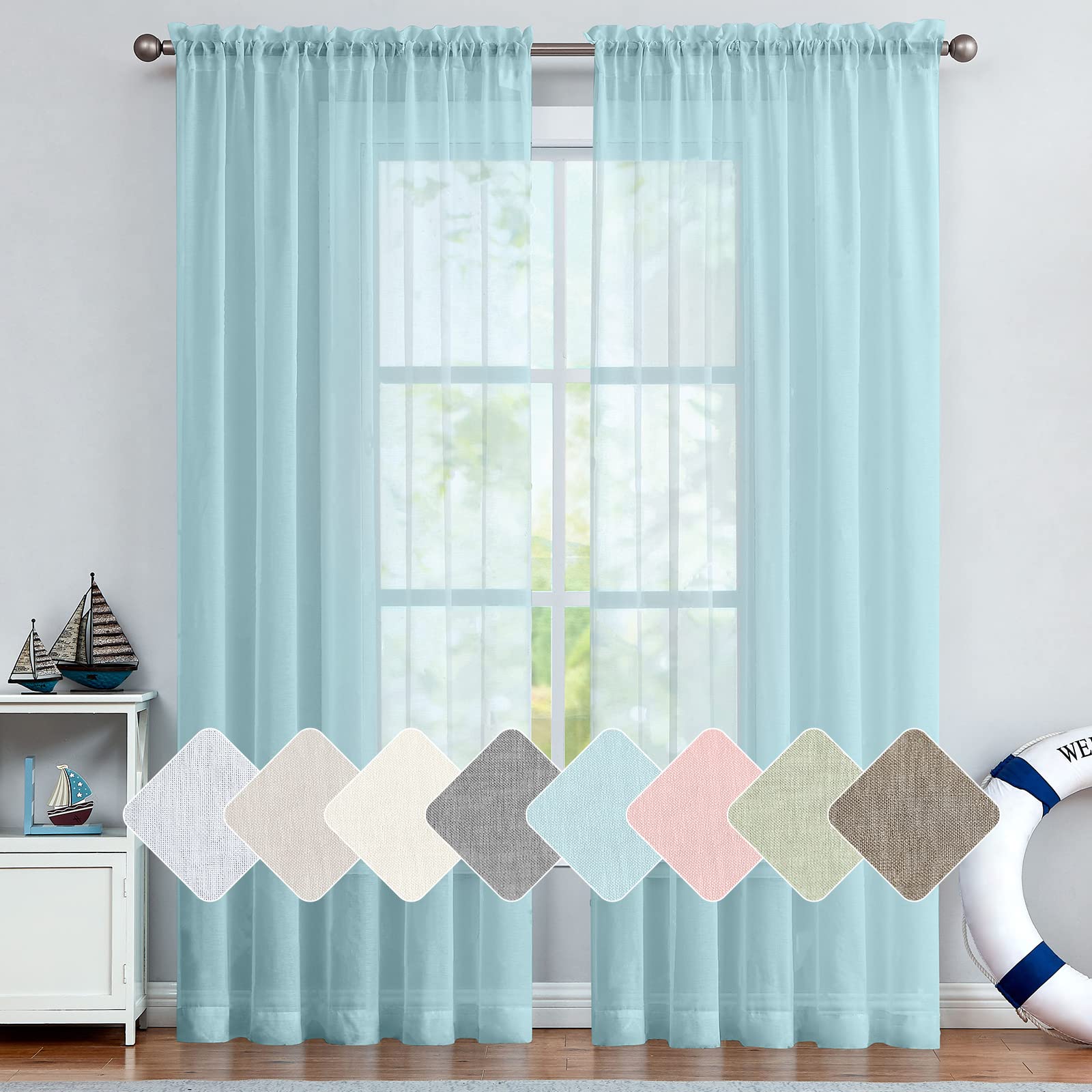 Lazzzy Sheer Curtains 84 Inch Length - Textured Voile Window Drapes with Pole Top for Living Room & Bedroom (1 Pair, Baby Blue) - Perfect for Filtering Sunlight & Adding Privacy