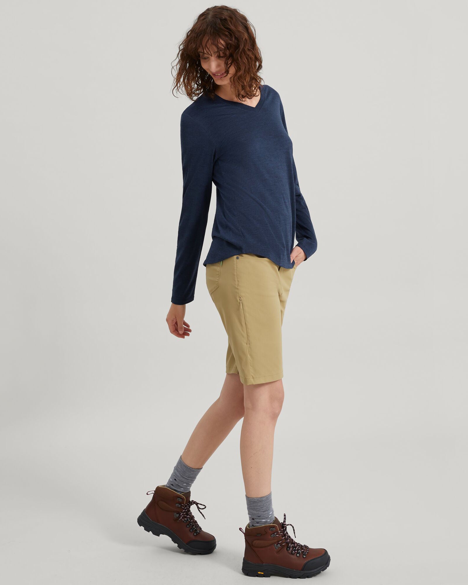 100% Merino Wool Women's Long Sleeve V-Neck Top - Midnight Navy Marle - Perfect for Winter Layering & Outdoor Activities