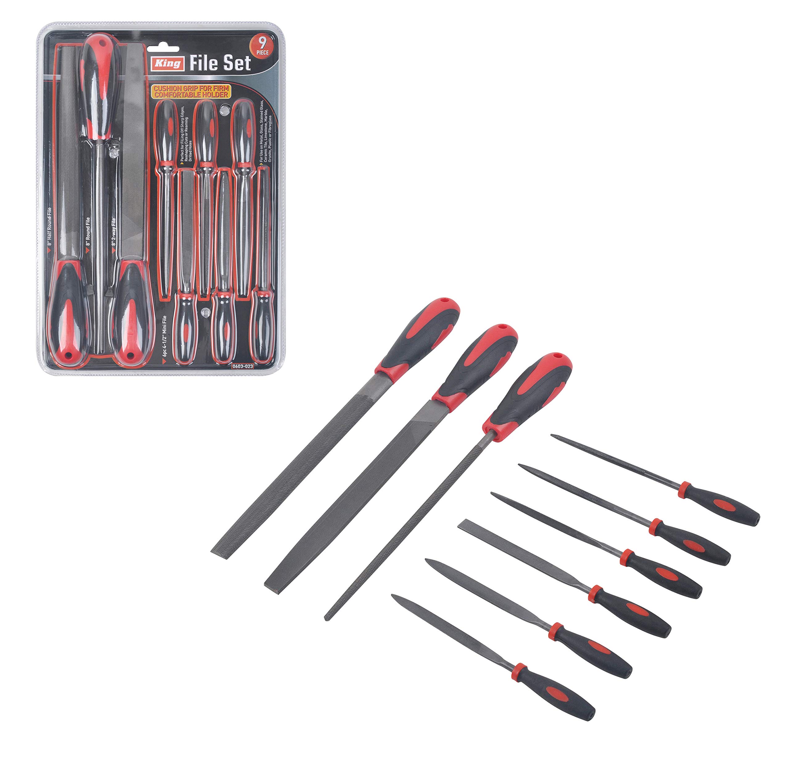 KING Steel File Set with Cushioned Grip Handles - 9-Piece Professional Metal & Woodworking Files Kit (Round, Flat, Half Round, Rasp, Needle Files) for Sharpening, Shaping, and Smoothing Metal, Wood, Plastic - Ideal for DIY Projects, Automotive Repair, and Crafting