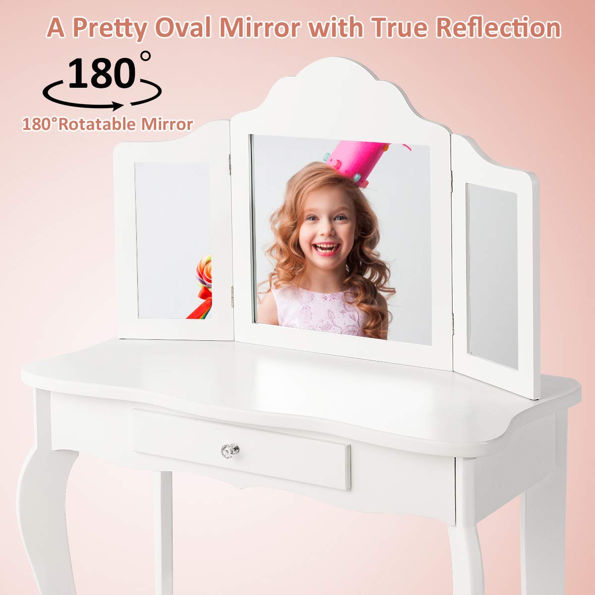 HOMGX White Wooden Kids Vanity Table Set with 180° Tri-Folding Mirror & Stool - Princess Makeup Dressing Table with Pull-Out Drawer for Little Girls | Perfect for Bedroom, Birthday Gifts & Pretend Play