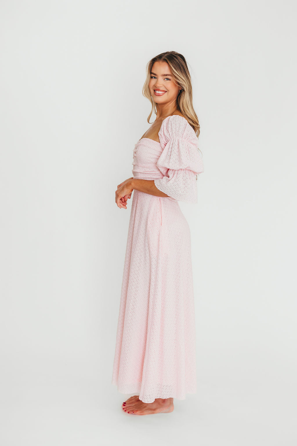 Corrine Tiered Sleeve Maxi Dress with Pockets - Baby Pink Maternity Dress | Bump Friendly & Comfortable for Pregnancy, Nursing, Special Occasions & Summer Weddings