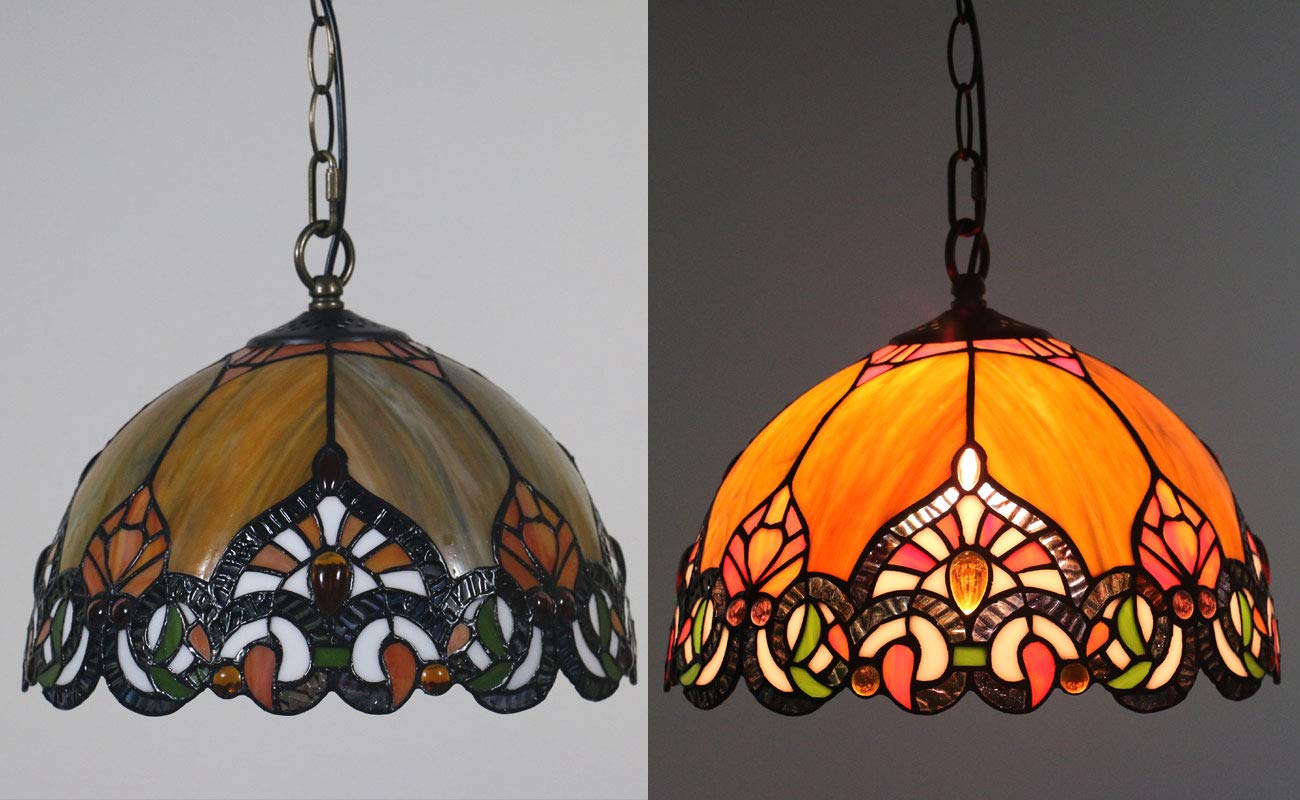 Portable Tiffany Style Hanging Swag Lamp - No Wiring Needed, 15ft Plug-in UL Certified Dimmer Cord, Stained Glass Baroque Chandelier - Perfect for Bedroom, Living Room & Dining Room Decor