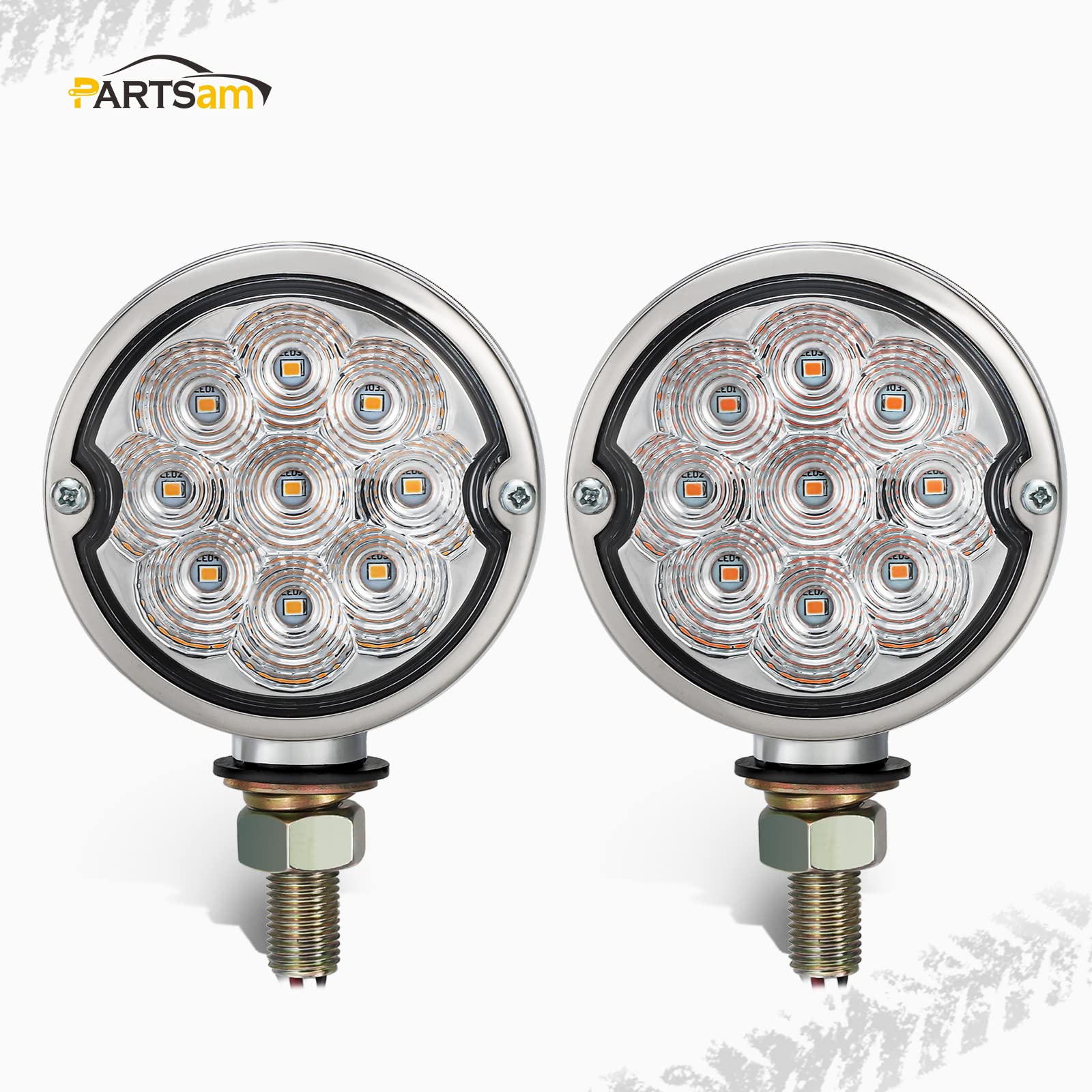 Partsam 2Pcs Amber Red 18 LED Double Face Turn Signal Light Marker Lights - Aluminum Alloy Housing, Clear Lens, Single Stud - Compatible with Freightliner, Kenworth, Peterbilt Trucks - Perfect for Semi-Truck Lighting, Trailer Safety Markers & Heavy-Duty Vehicle Visibility