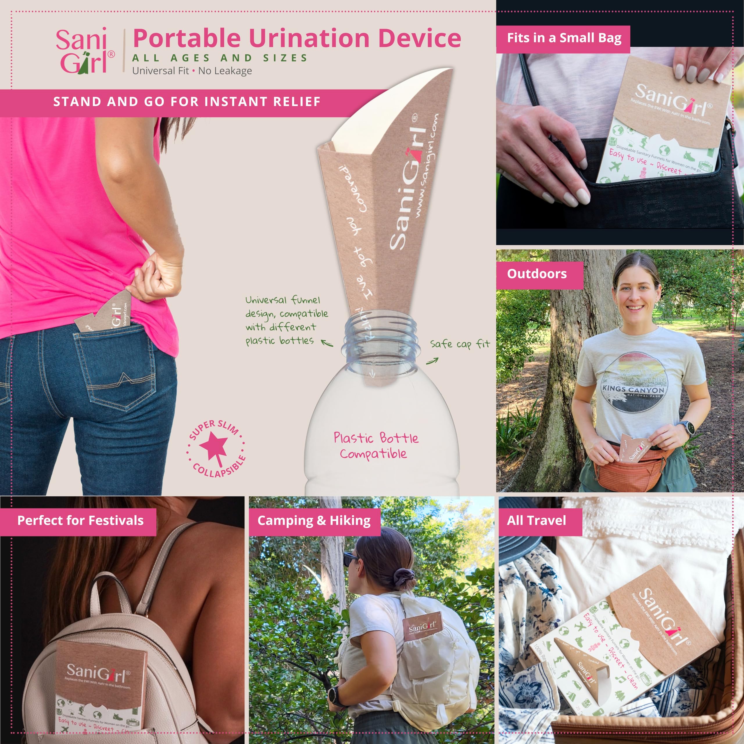 SaniGirl Disposable Female Urination Device - 20 Pack Leak-Proof Pee Funnel for Women, Travel & Camping Essentials | Portable Female Urinal for Outdoor Activities, Hiking, Road Trips & Emergency Use