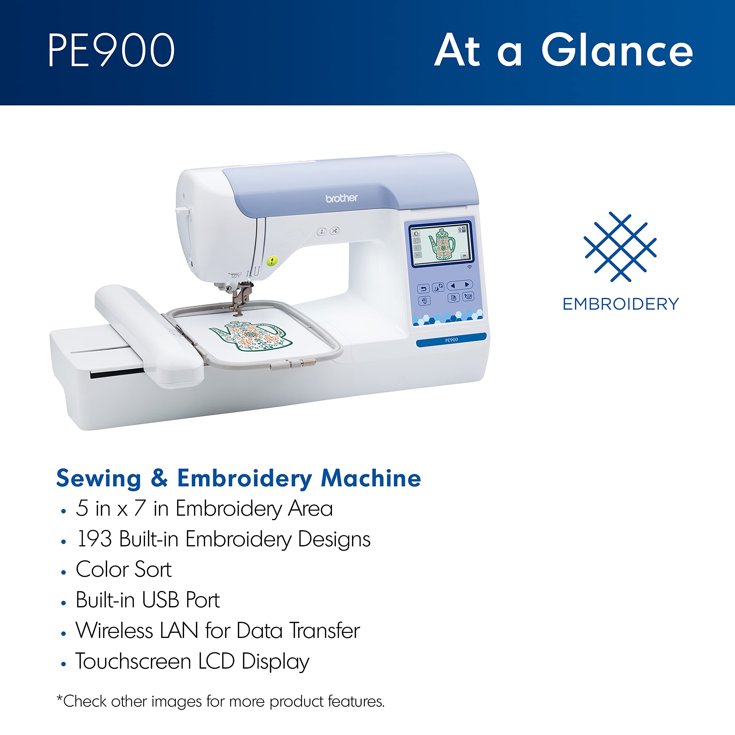 Brother PE900 Wireless Embroidery Machine with WiFi Connectivity - White | Perfect for Home Crafting, DIY Projects & Small Business Embroidery Needs