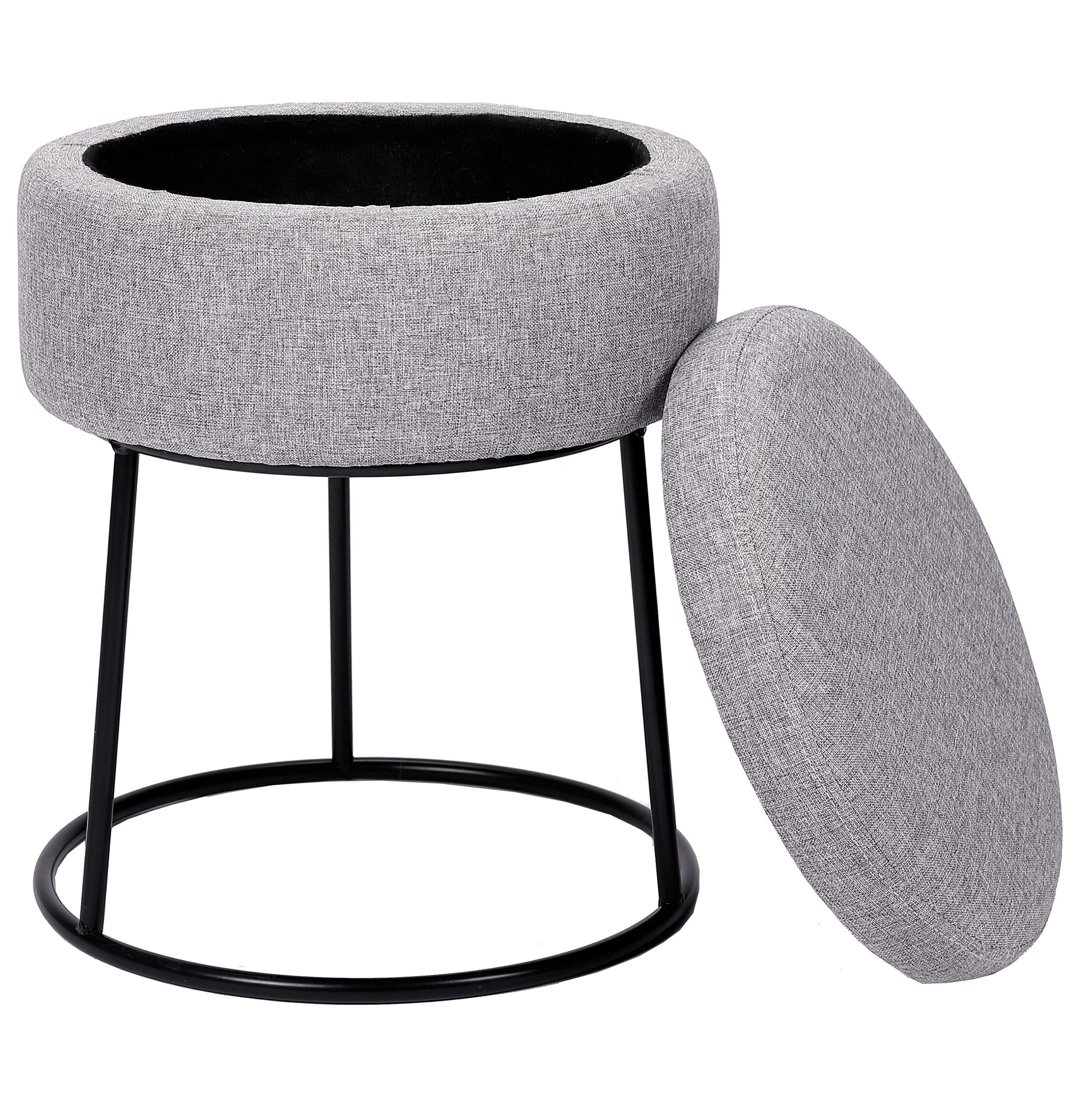 BIRDROCK HOME Grey Linen Storage Stool Ottoman with Black Metal Legs - Compact Padded Seat Footrest for Living Room, Office, Bedroom - Multi-Purpose Storage Bench for Home Decor, Vanity, Dorm & Small Spaces