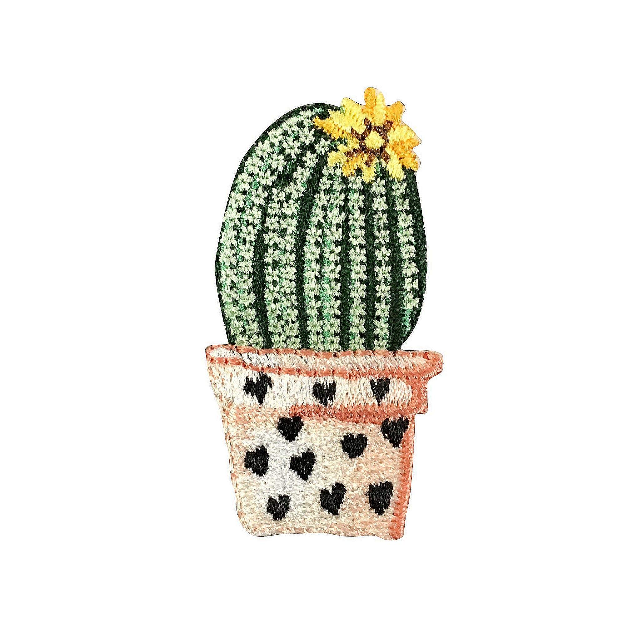 Yellow Flower Barrel Cactus Iron On Patch - Desert Plant Embroidery for Jackets, Hats & Bags - DIY Sewing & Craft Supplies