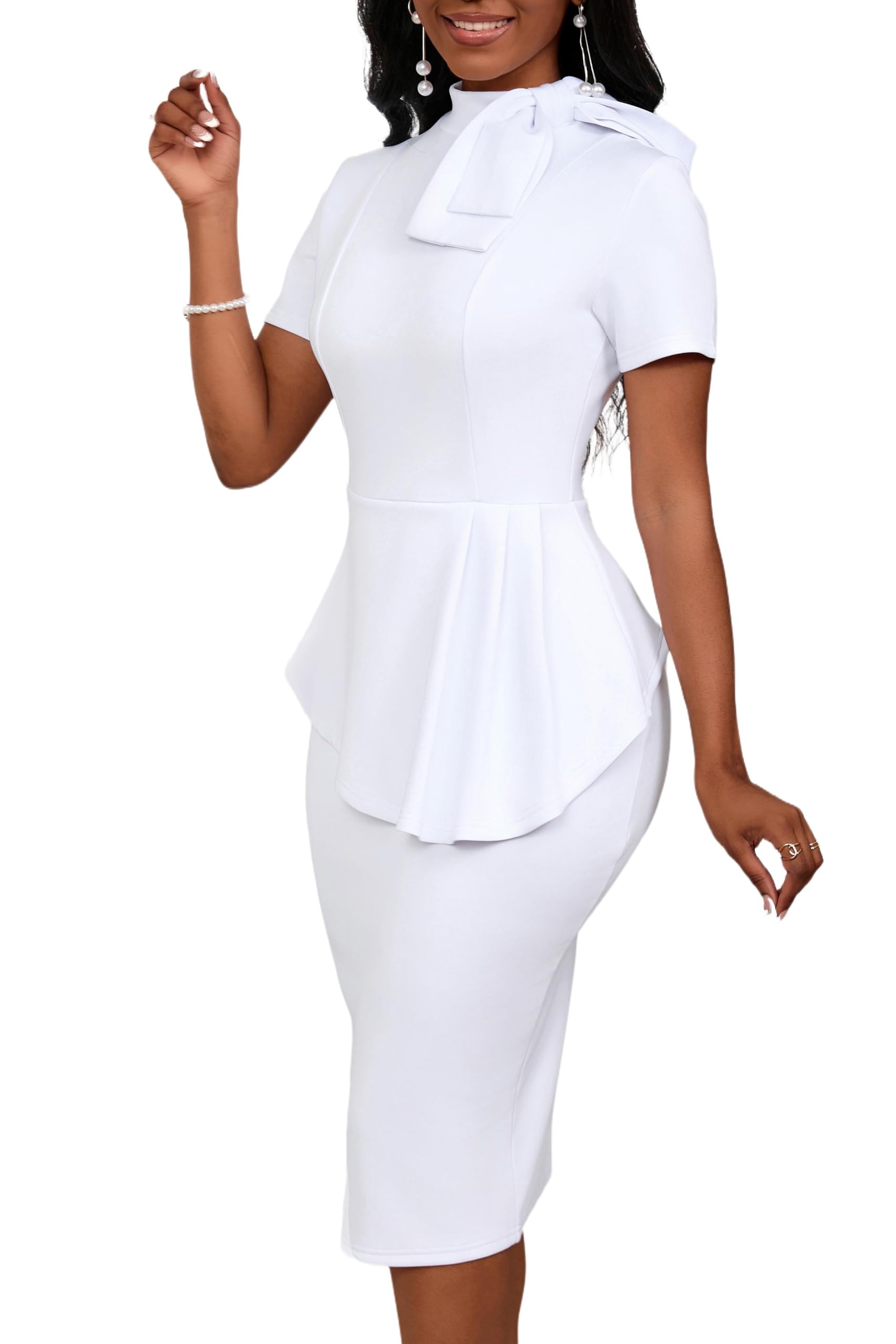 Women's Fashion Peplum Bodycon Dress Short Sleeve Bow Ruffle Pencil Dress for Work Cocktail Party Club Night Out | Office Wear Evening Outfit Formal Occasion