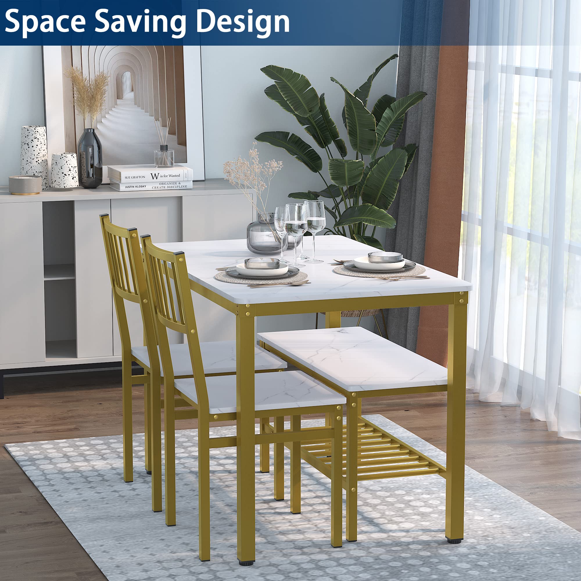 Teraves 4-Piece Dining Table Set with 2 Chairs & Bench - 120CM White Marble Top & Gold Frame Kitchen Table, Computer Desk - Perfect for Small Spaces, Dining Rooms & Home Offices
