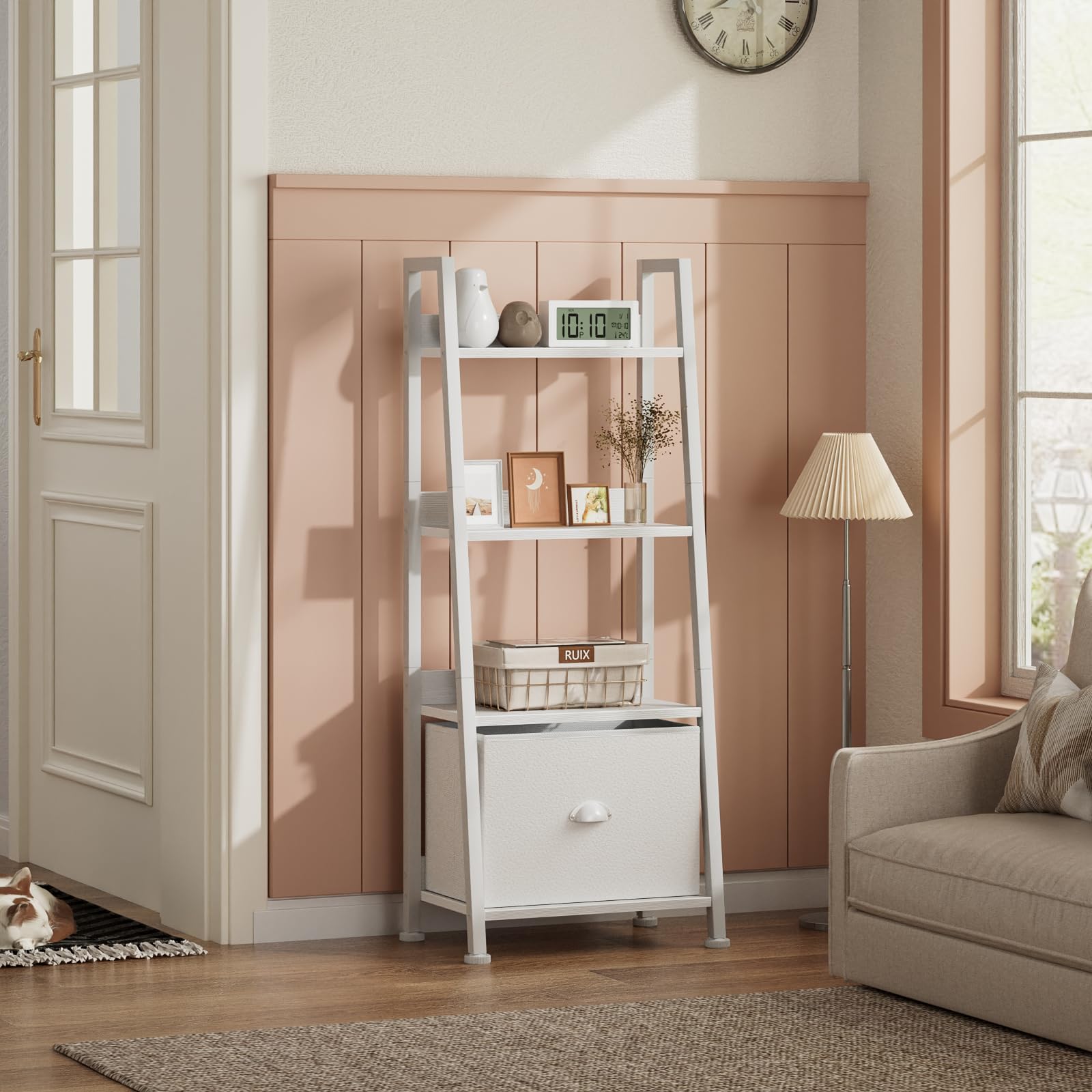 4-Tier White Ladder Shelf with Removable Drawer - Freestanding Bookcase Storage Organizer for Living Room, Home Office, Bedroom - Perfect for Books, Decor & Small Space Organization