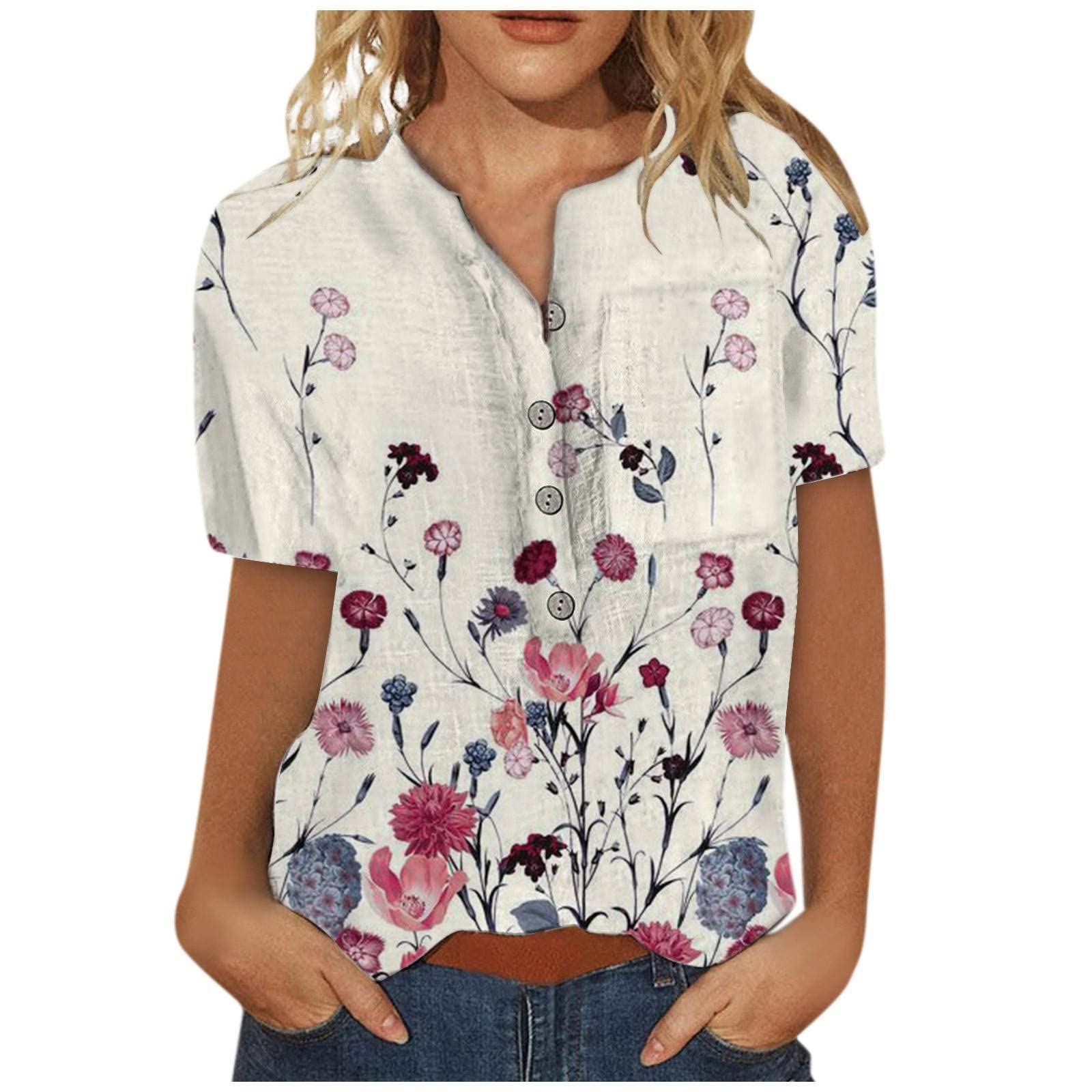 Trendy Women's Printed V-Neck Color Block Blouse - Slim Fit Short Sleeve T-Shirt in Khaki (4XL) | Perfect for Casual Outings, Office Wear & Summer Fashion