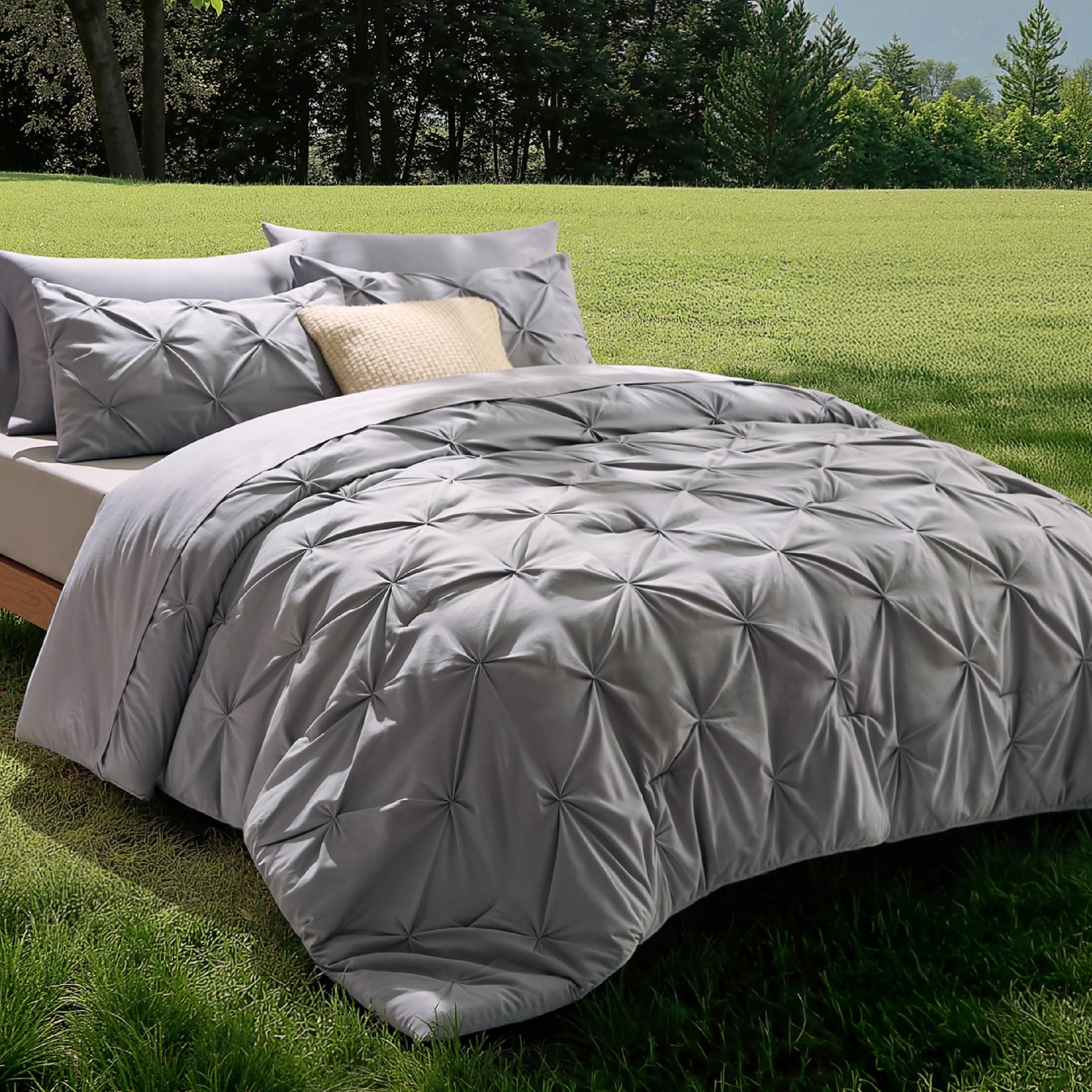 Bedsure King Size Comforter Set - 7 Piece Pintuck Bedding Set with Comforter, Sheets, Pillowcases & Shams in Grey | Luxury Bed in a Bag for Master Bedroom & Guest Room Decor