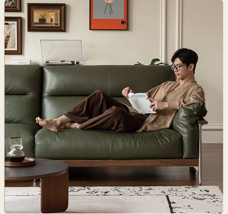 Premium Black Walnut Solid Wood Italian Leather Sofa - Modern Luxury Living Room Furniture for Home & Office Comfort