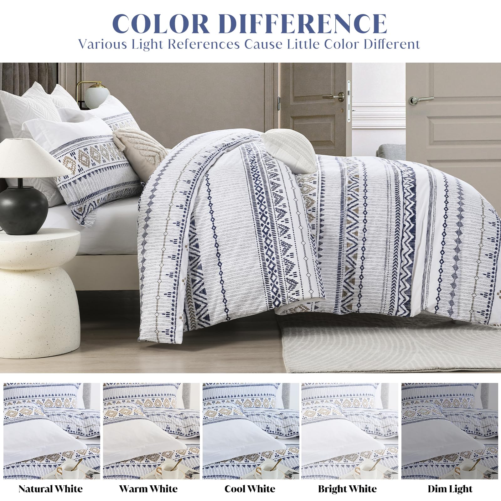 Boho Duvet Cover King Size - 100% Cotton Soft Aztec Print Bedding Set in White, Navy Blue & Beige with Taupe Wave Patterns | OEKO-TEX Certified | Zipper Closure (Comforter Not Included) | Perfect for Bohemian & Eclectic Bedroom Decor