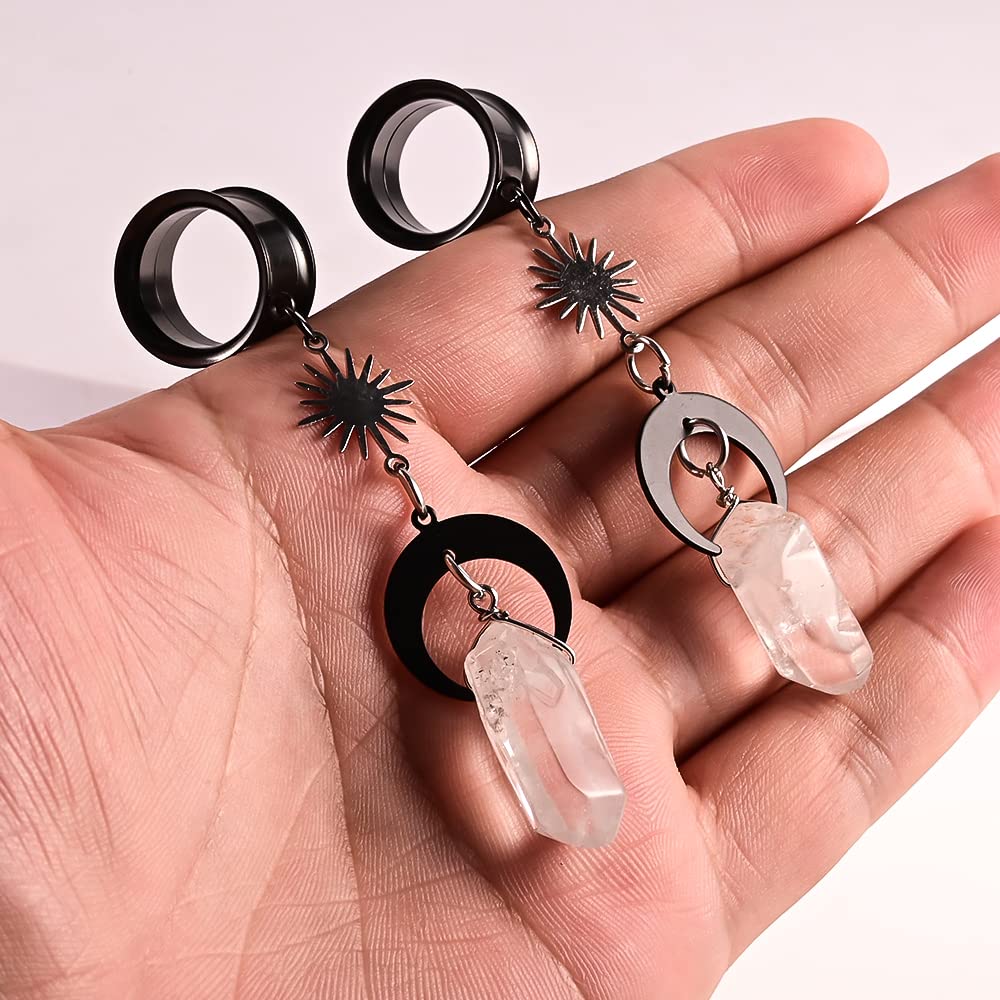 2PCS Moon Pendant Natural Stone Stainless Steel Dangle Ear Plugs Tunnels Stretcher Piercing Body Jewelry for Women Men - Boho Chic Style for Parties, Concerts & Everyday Wear