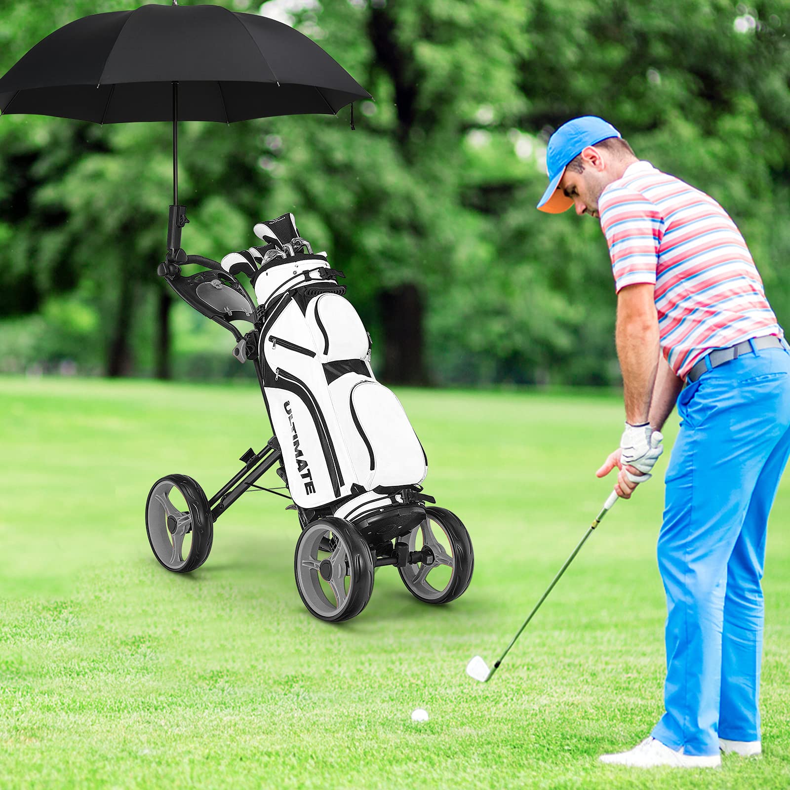 GYMAX 4 Wheel Folding Golf Push Cart - Adjustable Height Golf Trolley with Umbrella Holder, Cup Holder & Foot Brake - Lightweight Portable Golf Caddy for Adults & Teens - Perfect for Golf Courses, Driving Ranges & Outdoor Practice