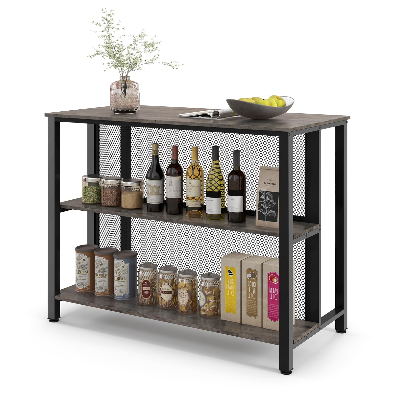 COSTWAY 3-Tier Home Bar Table with Storage Shelves | Metal Frame Bar Cabinet with Adjustable Foot Pads | Kitchen Island, Dining Room & Breakfast Corner Bar Unit (Grey) | Perfect for Small Space Entertaining & Compact Home Bars