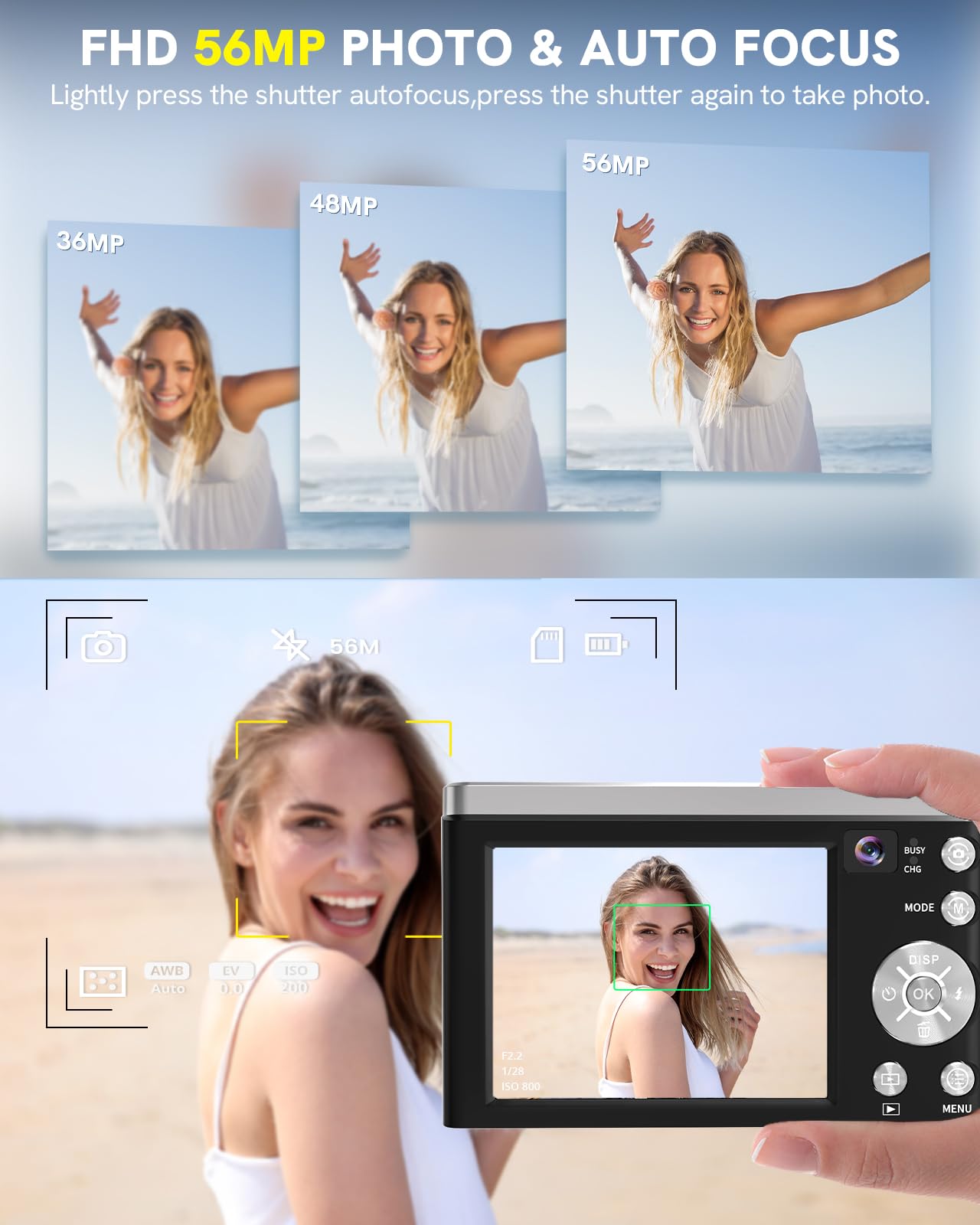 5K Digital Camera 56MP Autofocus Vlogging Camera with 10X Optical Zoom, Dual Front & Rear Cameras, 6-Axis Anti-Shake, Touch Screen - Includes 64GB SD Card & 2 Batteries - Perfect for Travel, YouTube Vlogging, and Outdoor Photography