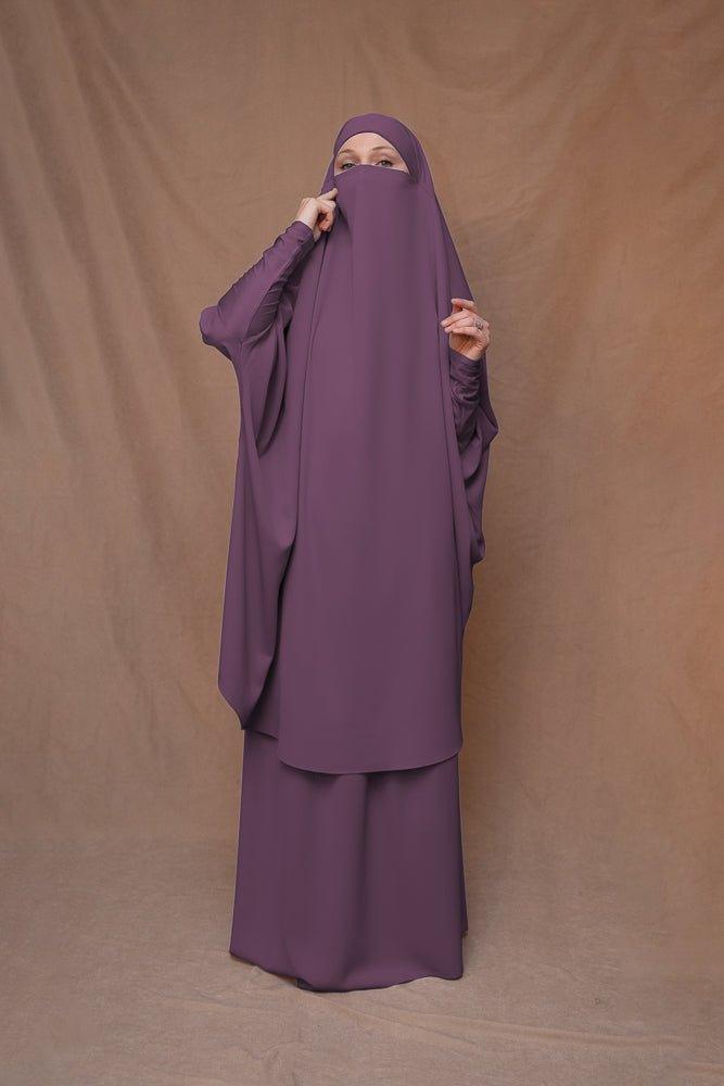 Dark Purple Moira Prayer Umrah Gown with Niqab - Islamic Modest Dress for Women, Hajj & Umrah Prayer, Mosque Worship, Religious Ceremonies