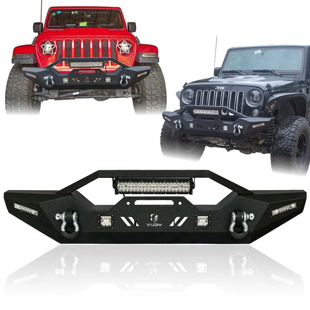 Black Textured Front Bumper with Winch Plate, LED Lights & D-Rings for 2007-2025 Jeep Wrangler JK/JKU/JL/JLU & 2020-2025 Gladiator JT - Off-Road Adventure & Daily Driving Upgrade