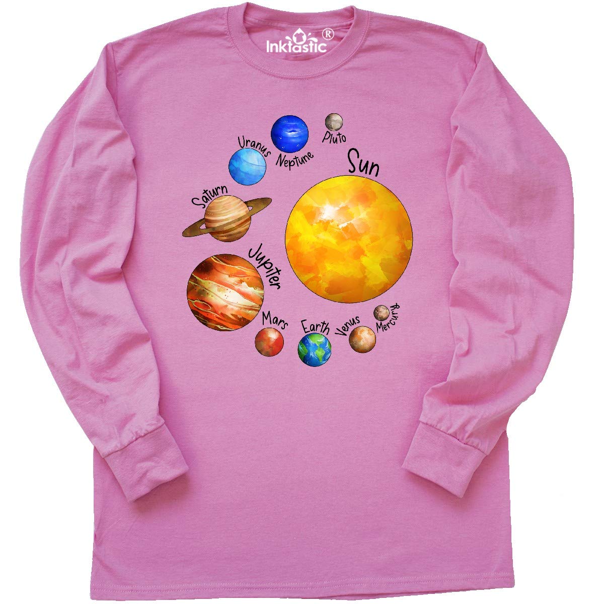 Inktastic Sun and Planets - Yes, and Pluto Long Sleeve T-Shirt | Space Lover Gift, Astronomy Enthusiast Apparel, Casual Wear for Men & Women
