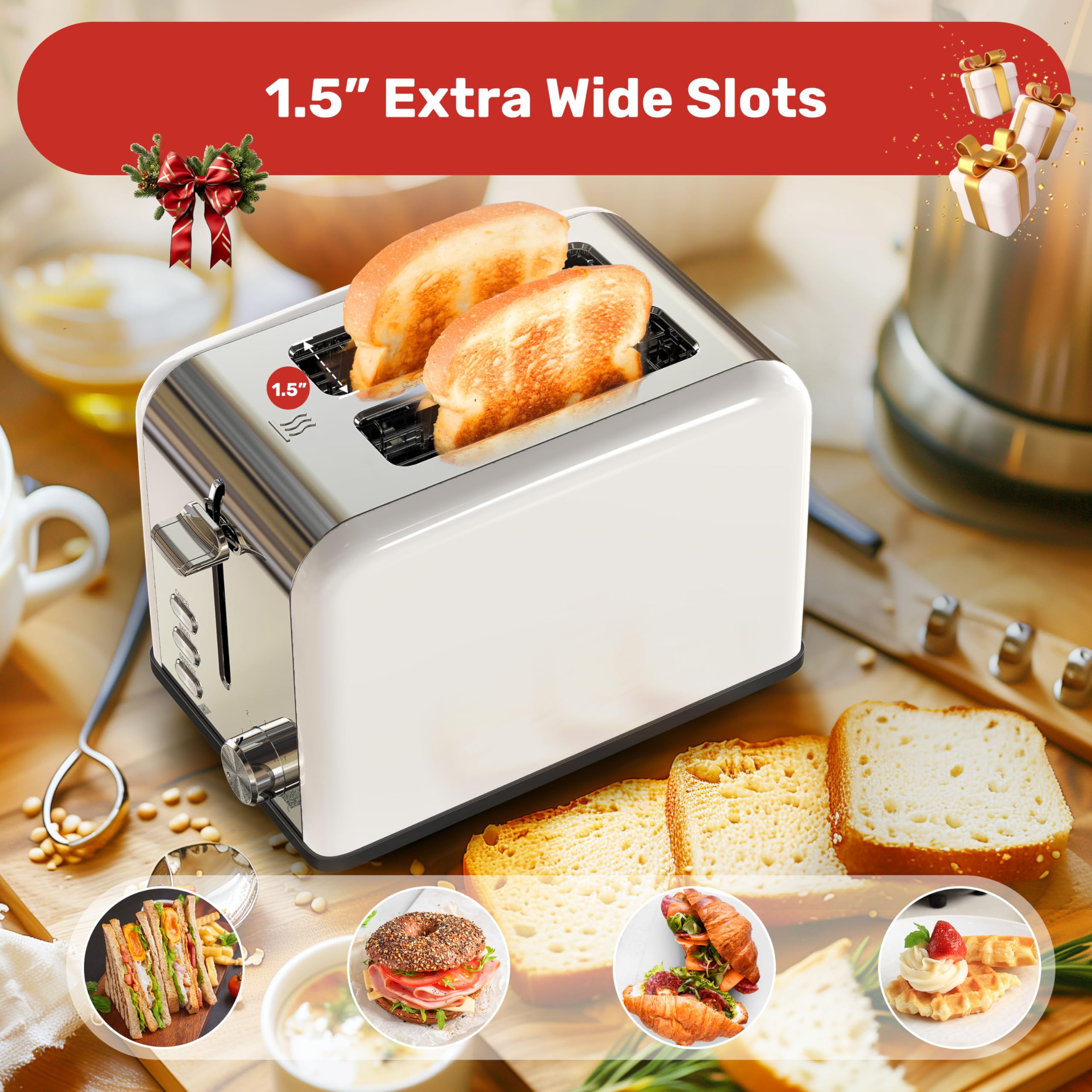 YSSOA 2-Slice Stainless Steel Toaster with Extra Wide Slots - 6 Browning Levels, Bagel/Defrost/Cancel Functions - Removable Crumb Tray - Compact Countertop Toaster for Bread, Bagels, Waffles & Pastries - Perfect for Breakfast, Office or Dorm Room Use - White